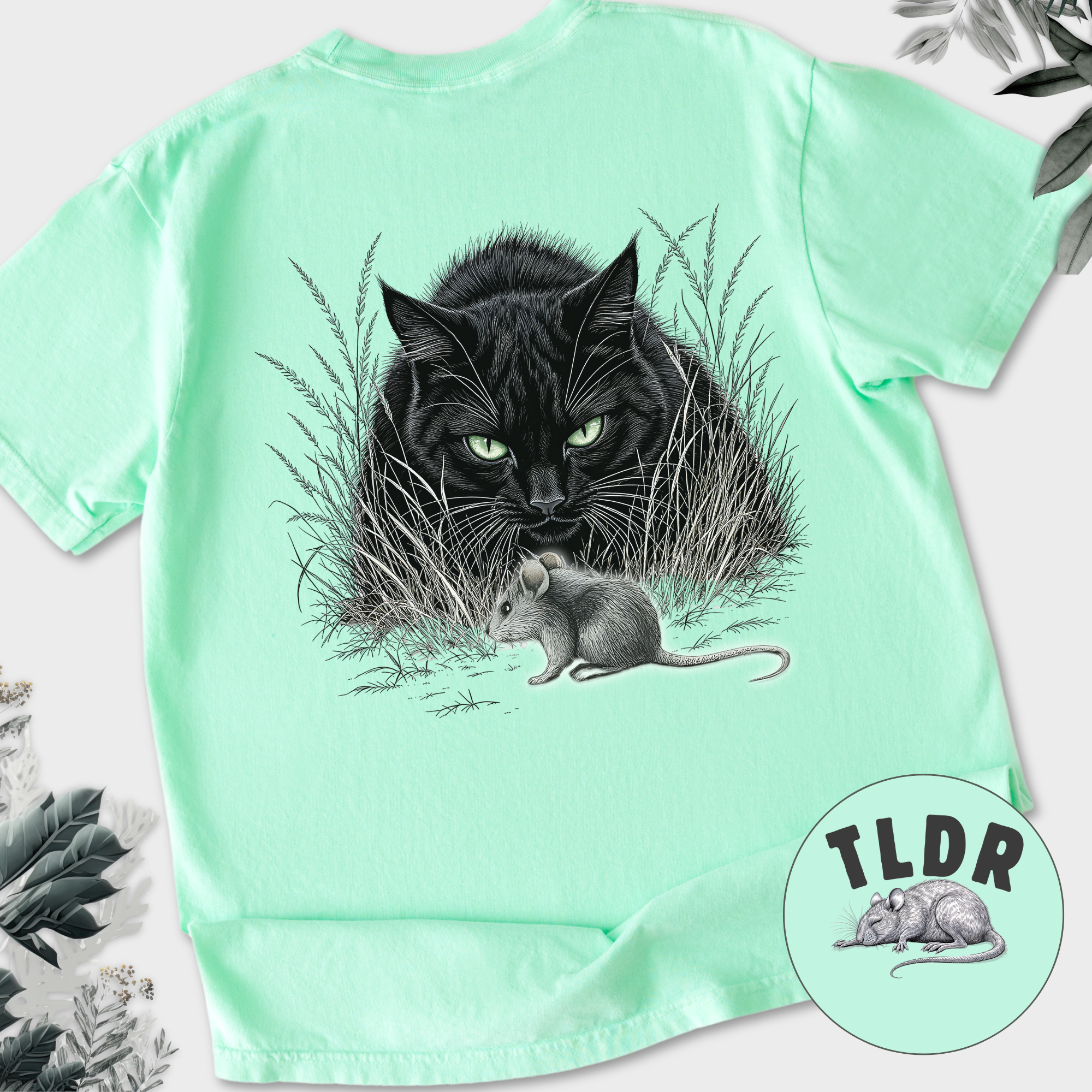 Line Art Too Long Didnt Read TLDR Cat plus Mouse Cat Graphic Comfort Colors T-Shirt in Island Reef-T-Shirt-Island Reef-Fetch N Found