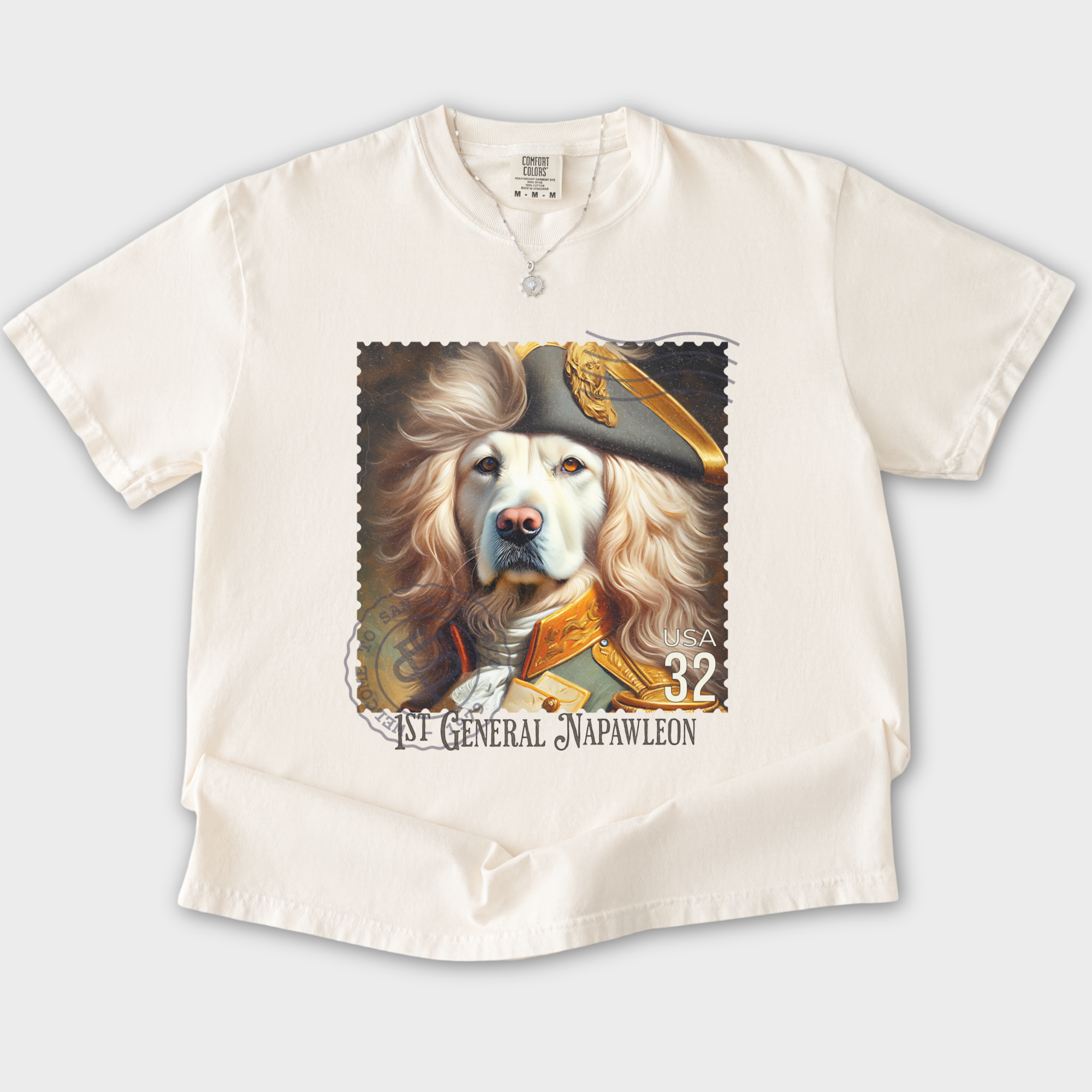 Custom Dog Graphic T-Shirt in Ivory Featuring Unique Labrador Vintage Stamp Design