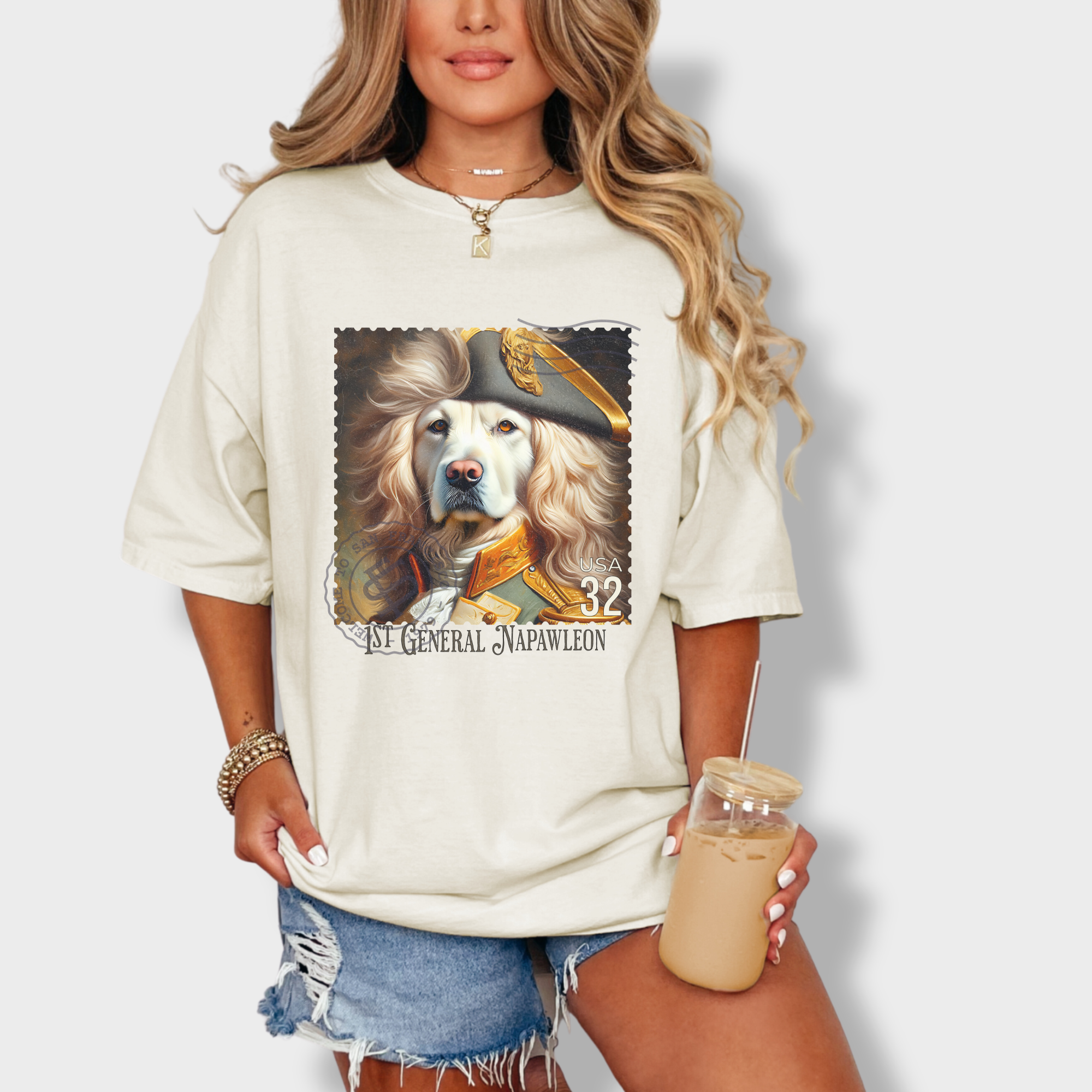 Custom Dog Graphic T-Shirt in Ivory Featuring Unique Labrador Vintage Stamp Design