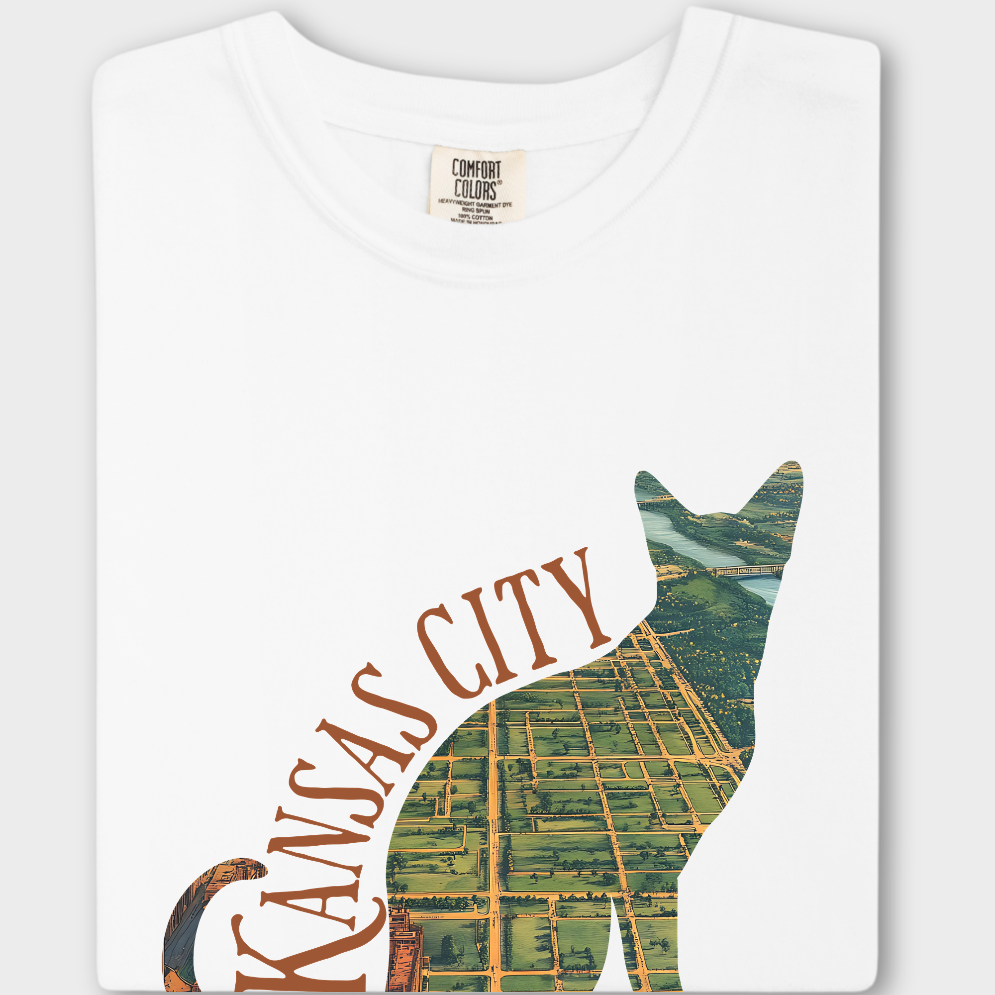 Soft cotton tee featuring a stylish fusion of Kansas City cartography and cat-inspired design, blending urban and feline aesthetics.