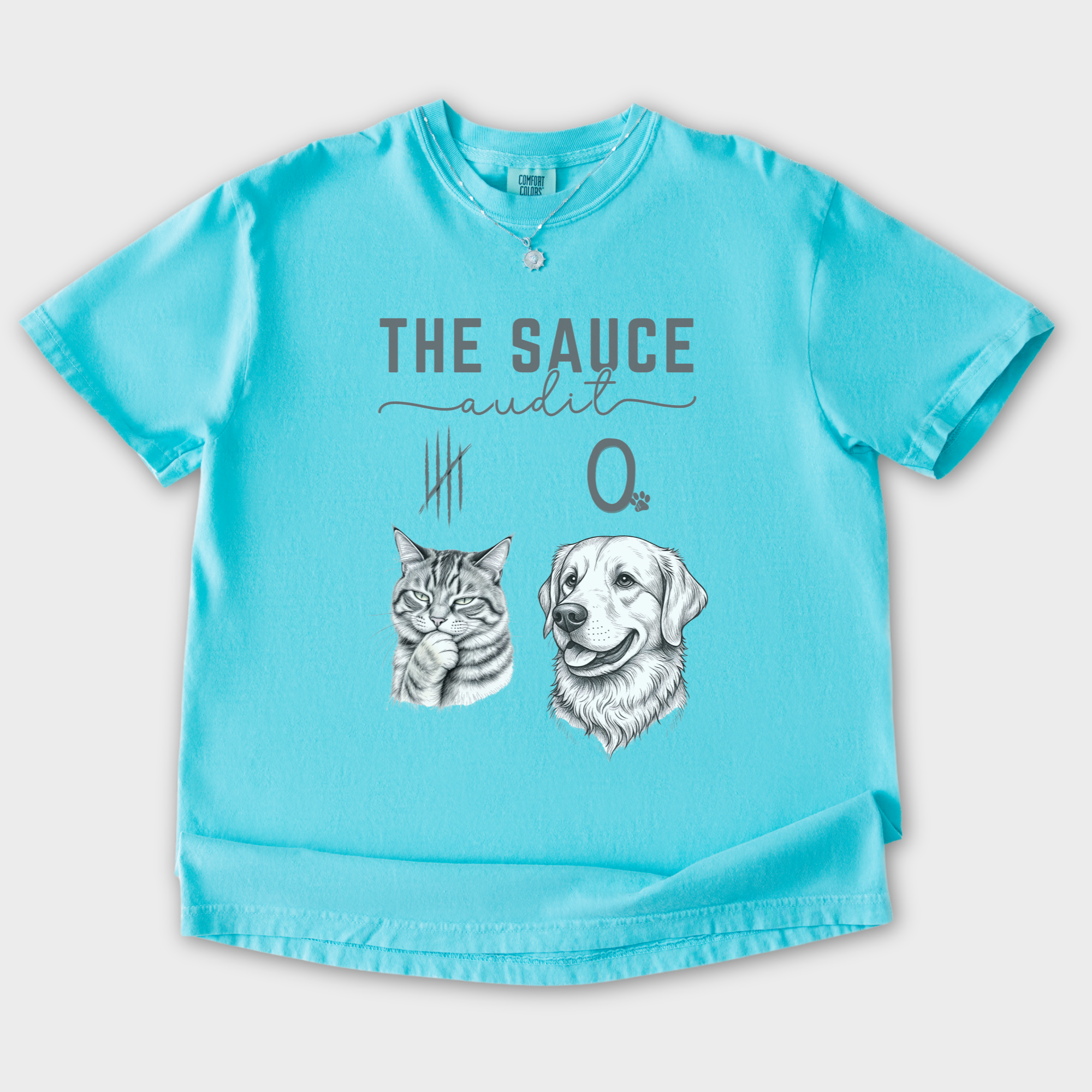 Line Art Who Gives the Sauce Cat v Dog Sauce Audit dog Graphic Comfort Colors T-Shirt in Lagoon Blue-T-Shirt-Lagoon Blue-S-Fetch N Found