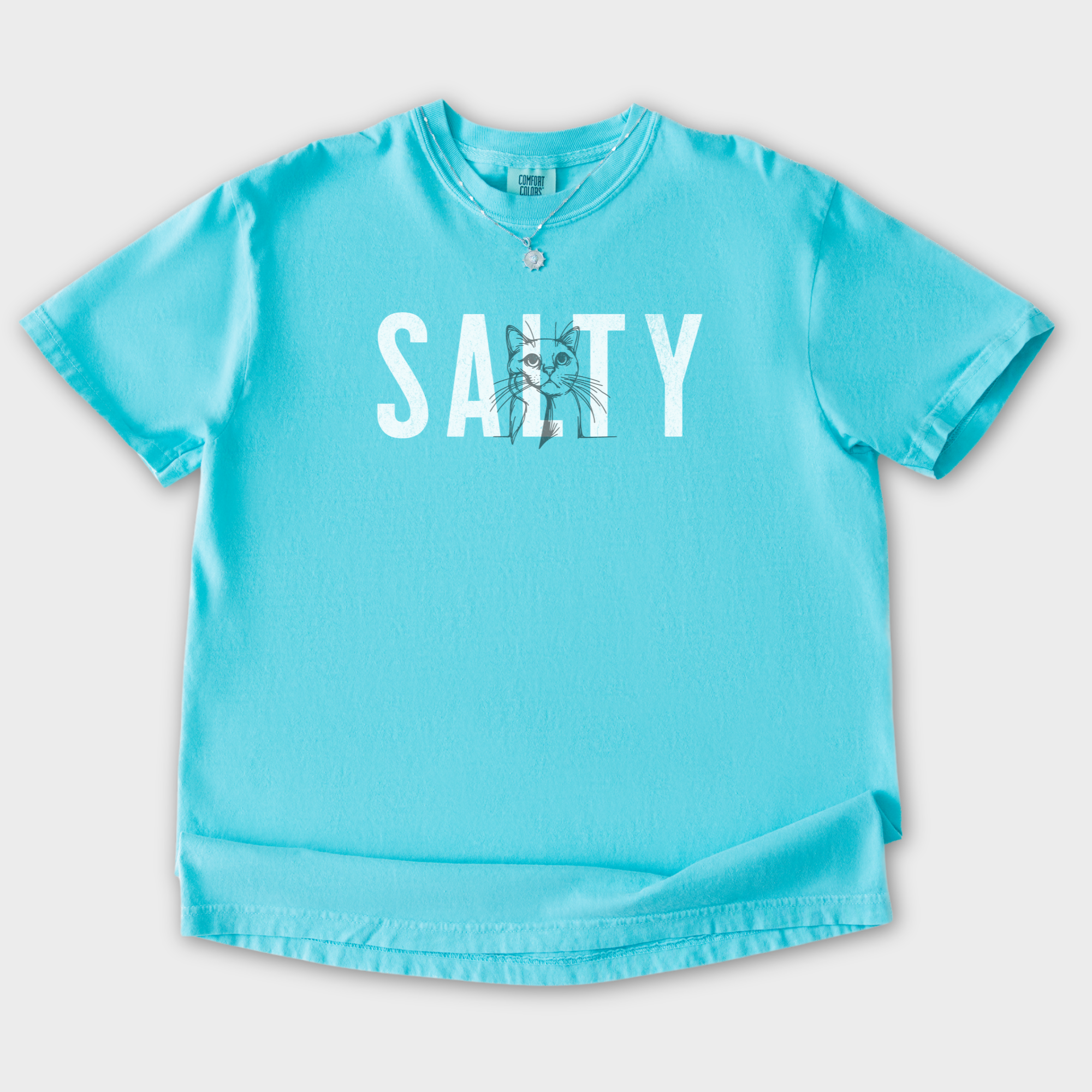 Retro Salty Cat Text Comfort Colors T-Shirt in Lagoon Blue