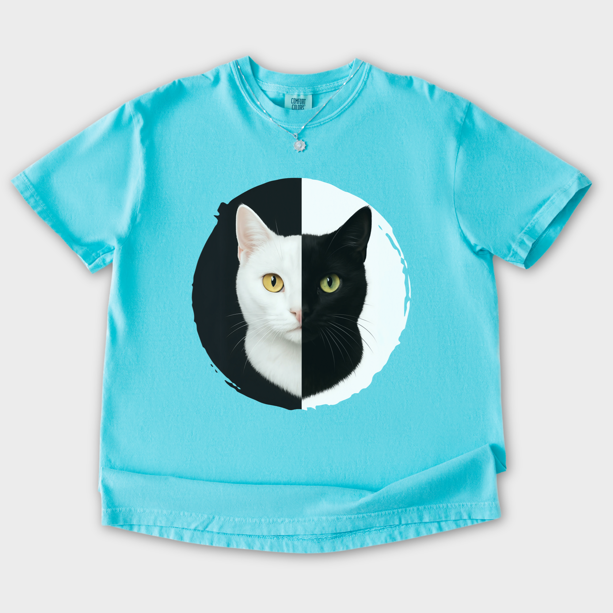 Retro Black and White Cat Head Cat Graphic Comfort Colors T-Shirt in Lagoon Blue