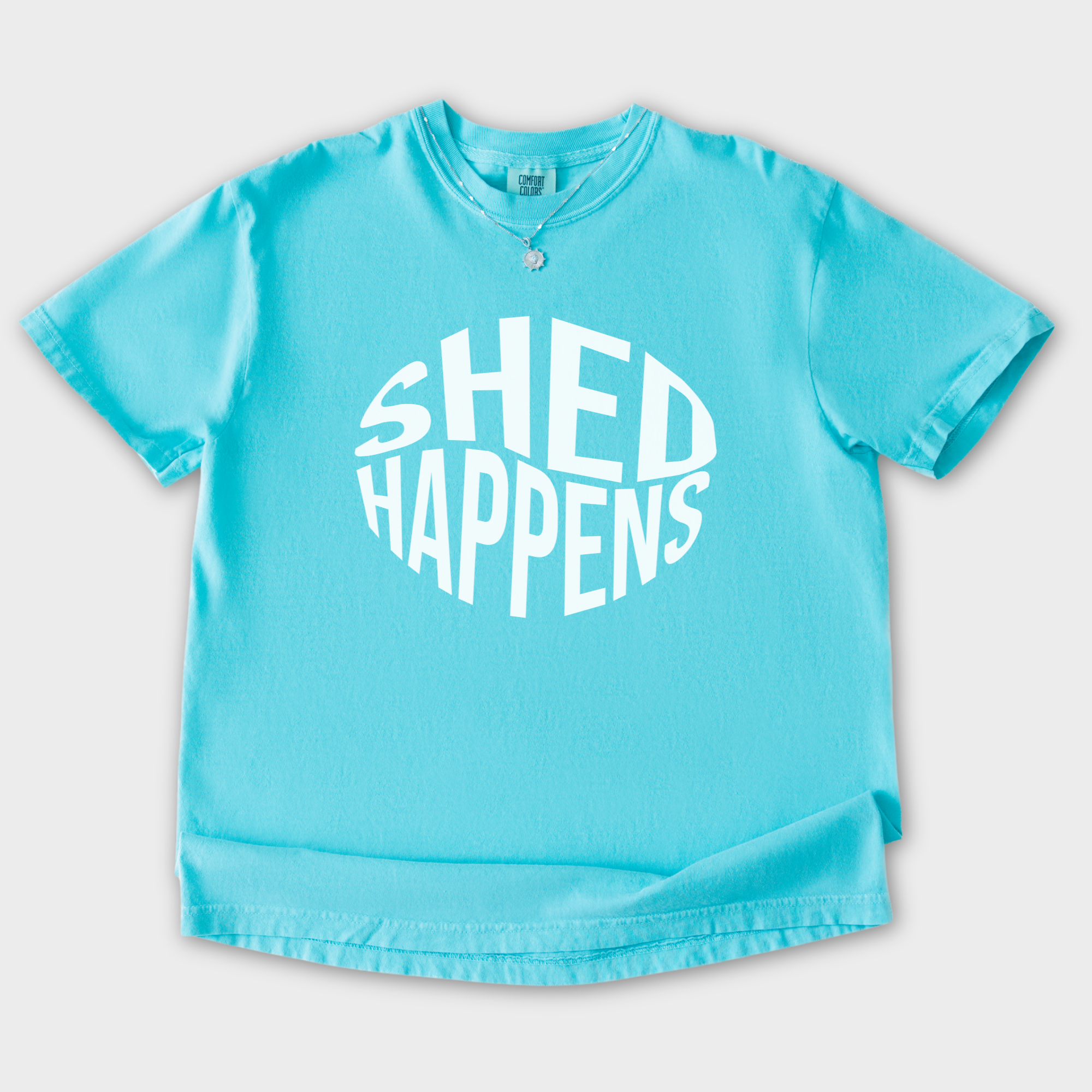 Retro SHED Happens Sarcastic Pet Text T-Shirt in Lagoon Blue