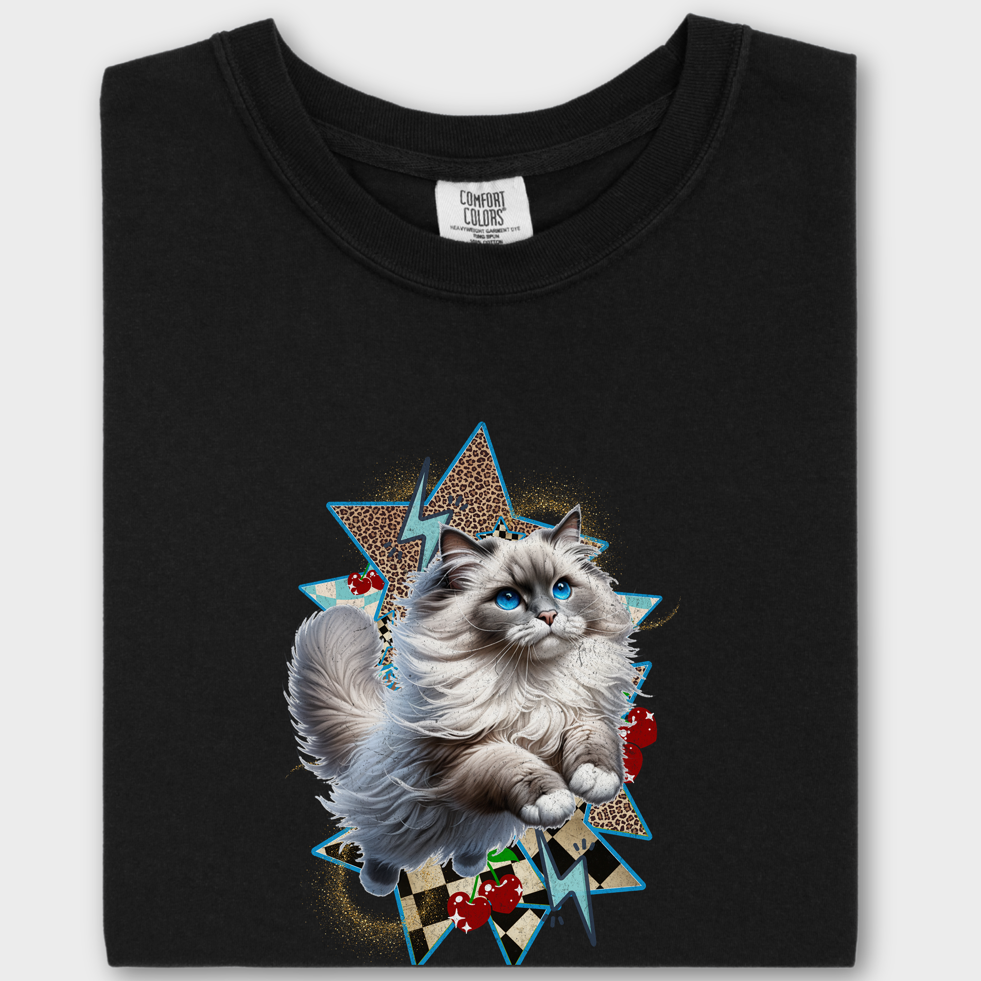 Artistic Y2K Catcore Leaping Ragdoll Cat Cherry Comfort Colors T-Shirt in Black