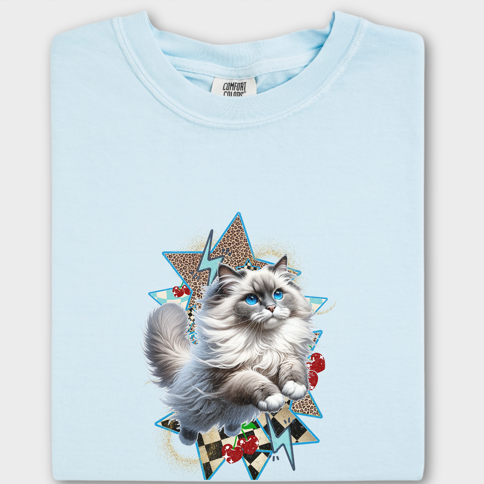 Artistic Y2K Catcore Leaping Ragdoll Cat Cherry Comfort Colors T-Shirt in Chambray