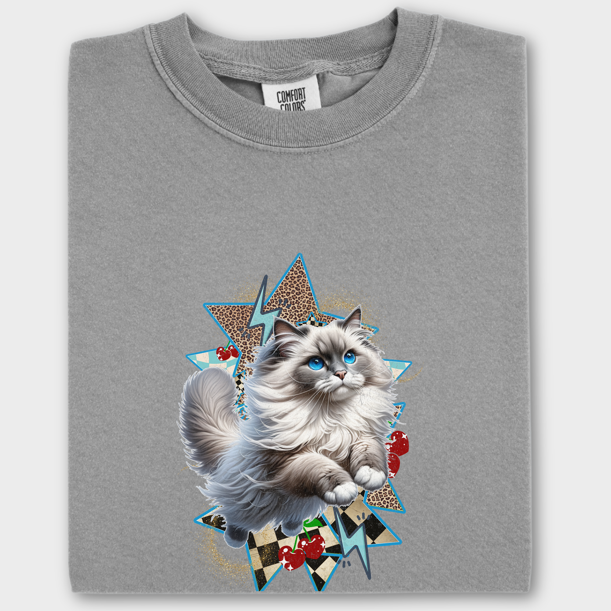 Artistic Y2K Catcore Leaping Ragdoll Cat Cherry Comfort Colors T-Shirt in Gray
