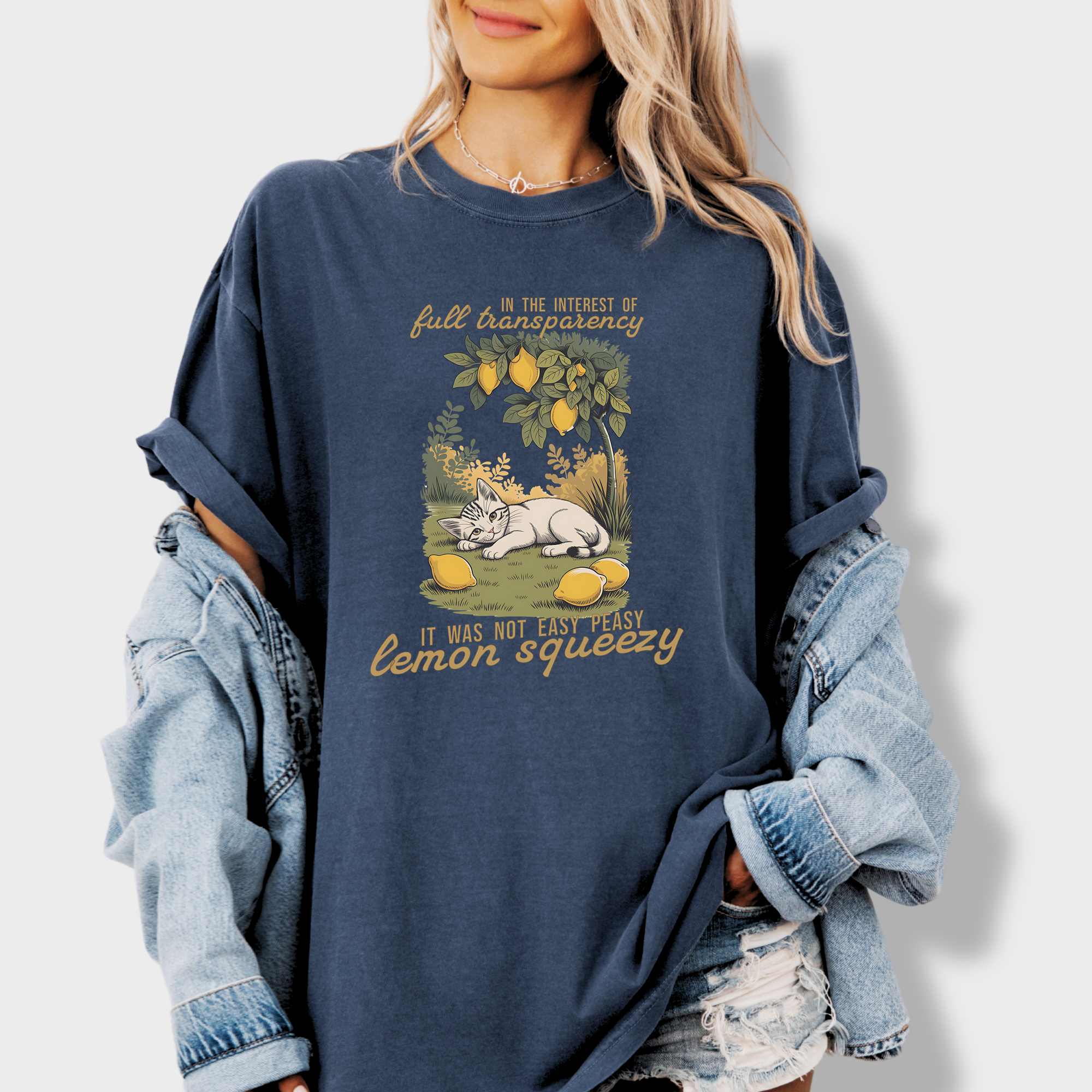Retro Not So Easy Lemon Squeezy Cat Cat Graphic Comfort Colors T-Shirt in Denim-T-Shirt-Denim-Fetch N Found