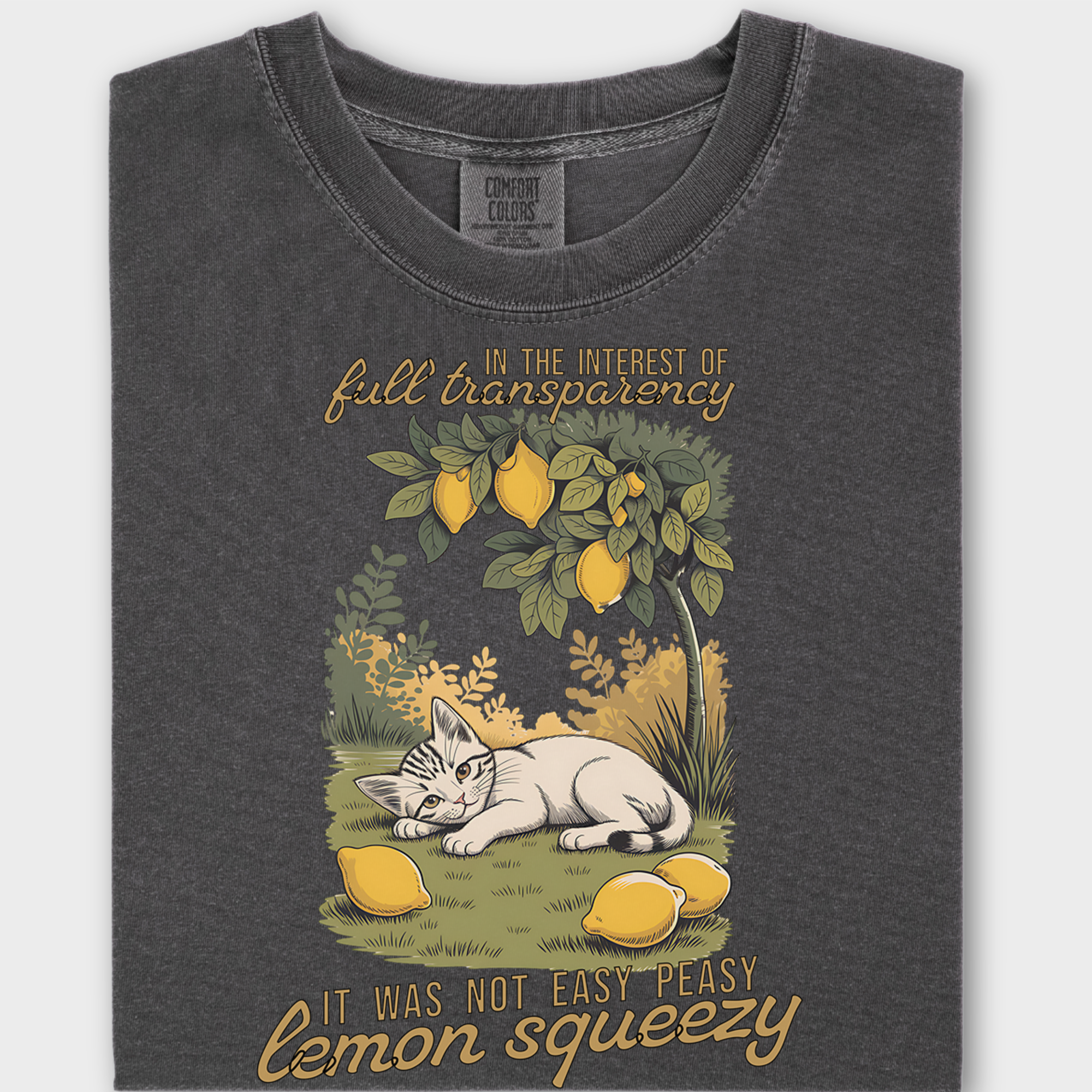 Vintage Lemon Squeezy Cat Graphic Comfort Colors T-Shirt in Pepper-Fetch N Found