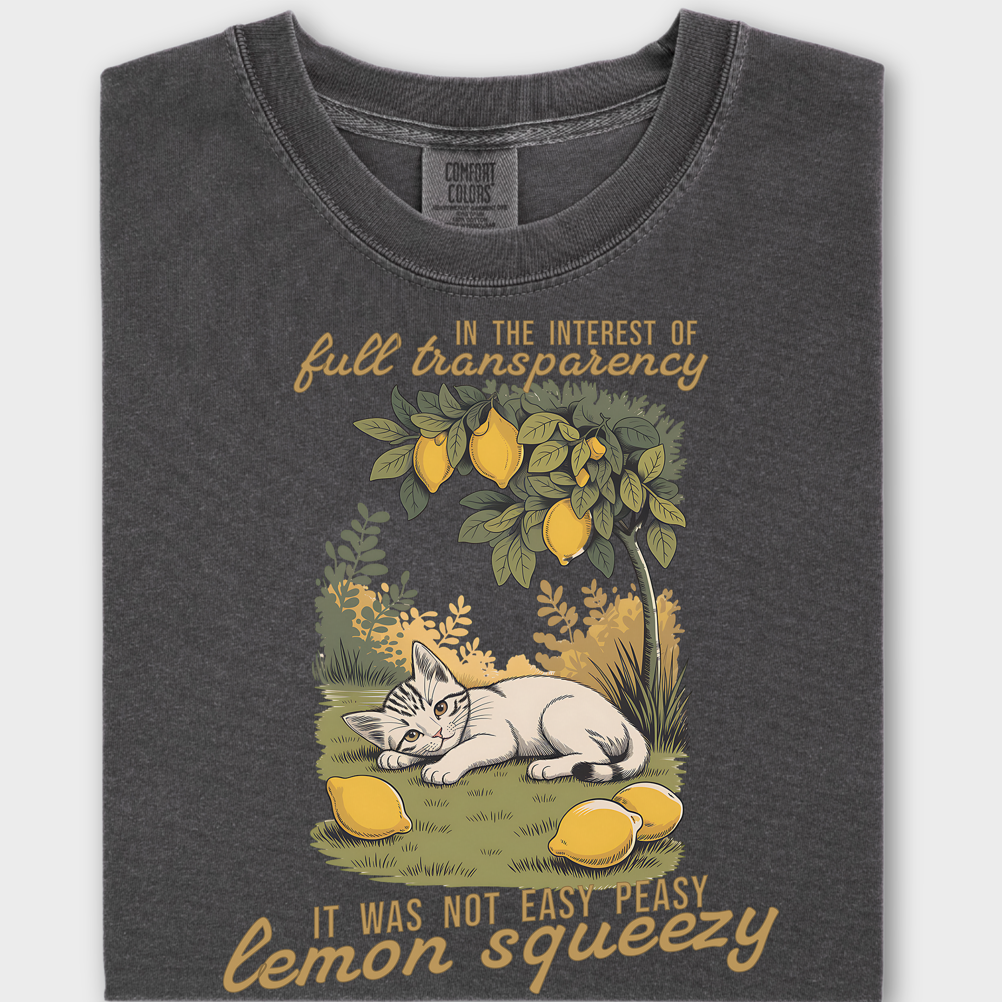 Vintage Lemon Squeezy Cat Graphic Comfort Colors T-Shirt in Pepper-T-Shirt-Pepper-Fetch N Found