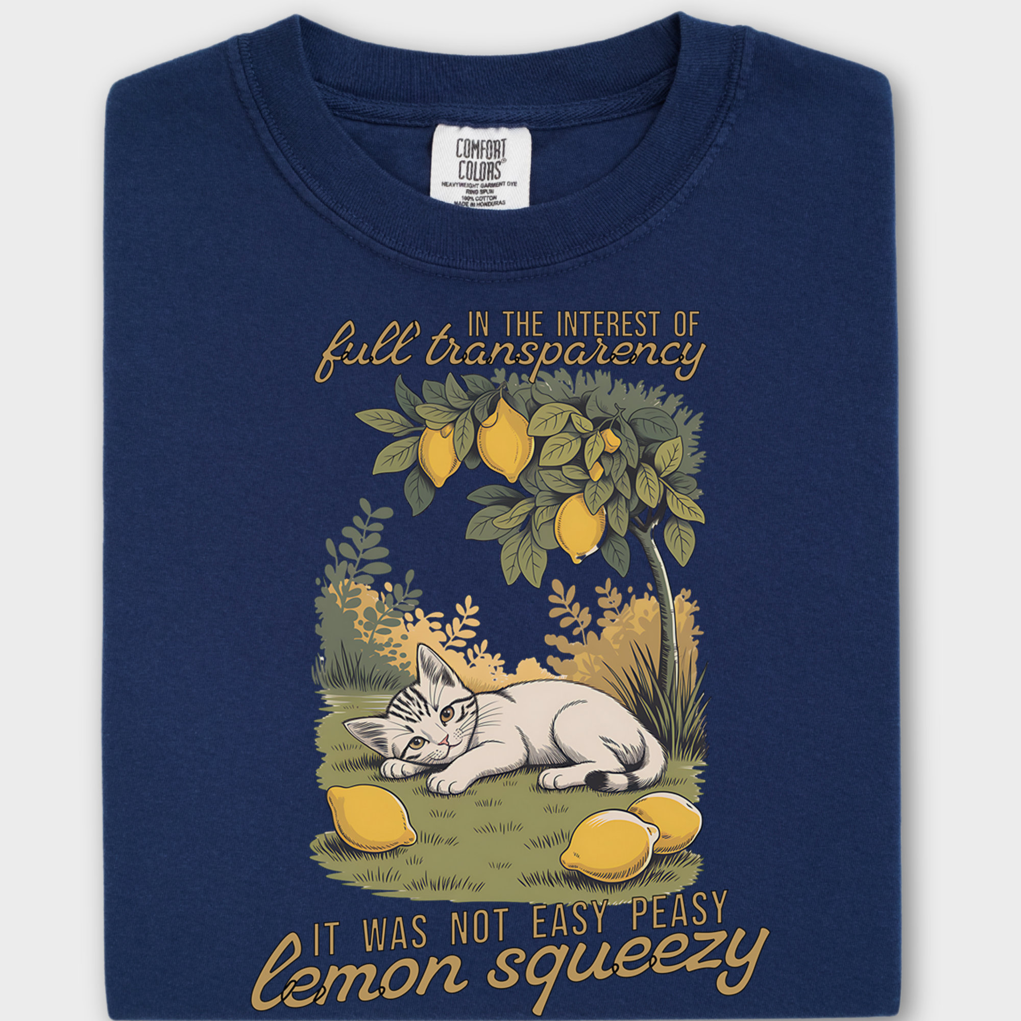 Vintage Lemon Squeezy Cat Graphic Comfort Colors T-Shirt in True Navy-Fetch N Found