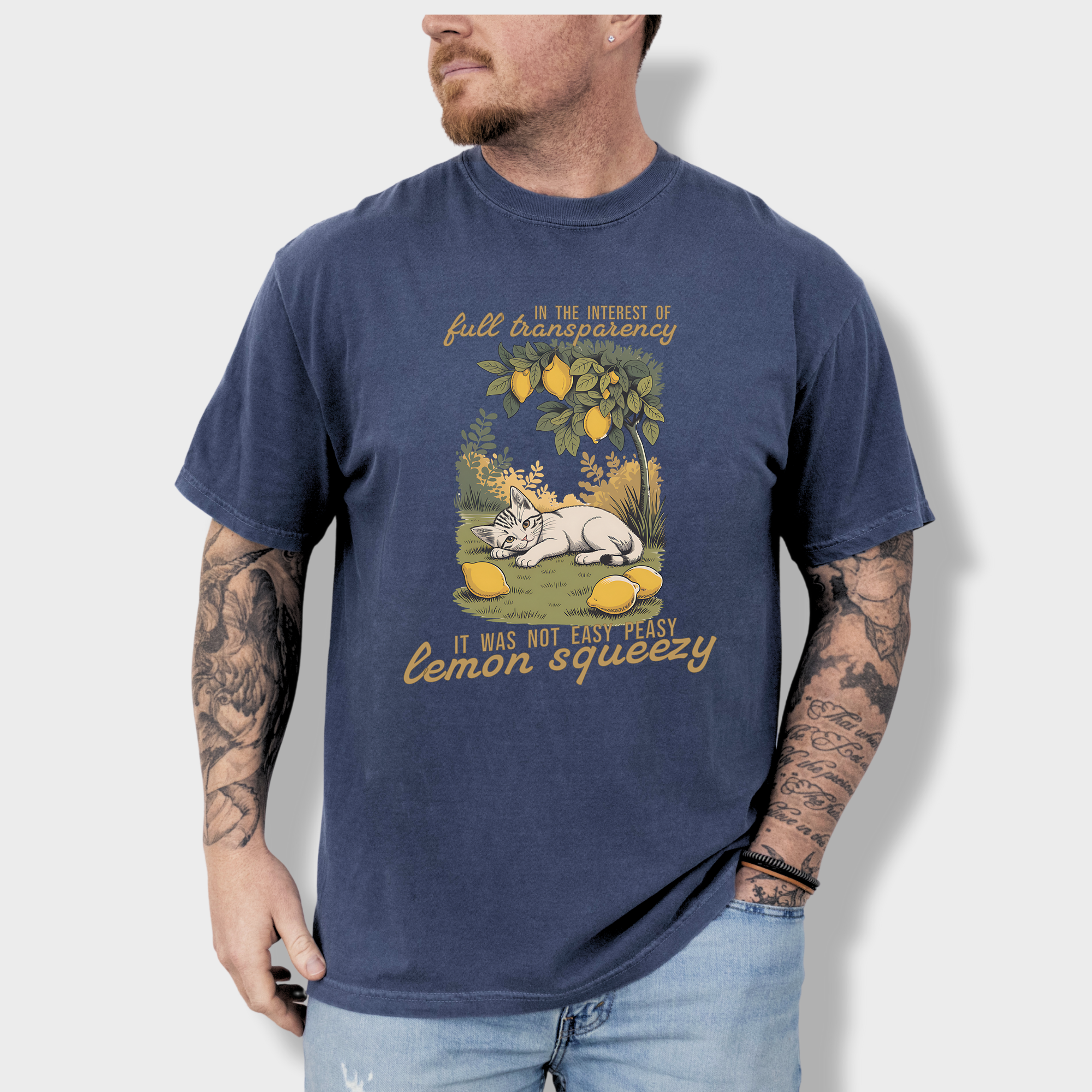 Retro Not So Easy Lemon Squeezy Cat Cat Graphic Comfort Colors T-Shirt in Denim-T-Shirt-Denim-Fetch N Found