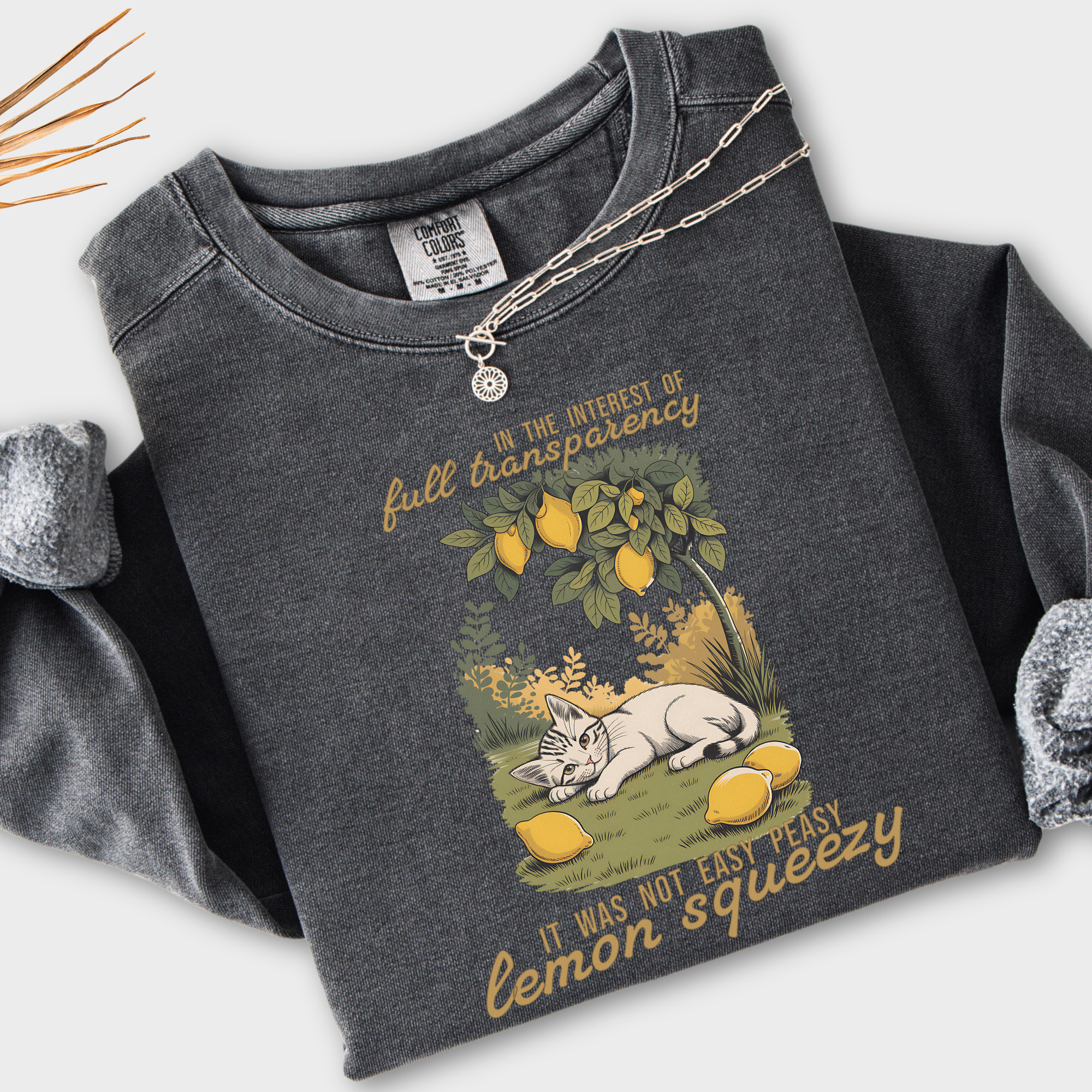 Vintage Lemon Squeezy Cat Graphic Comfort Colors Sweatshirt in Pepper-Sweatshirt-Pepper-Fetch N Found