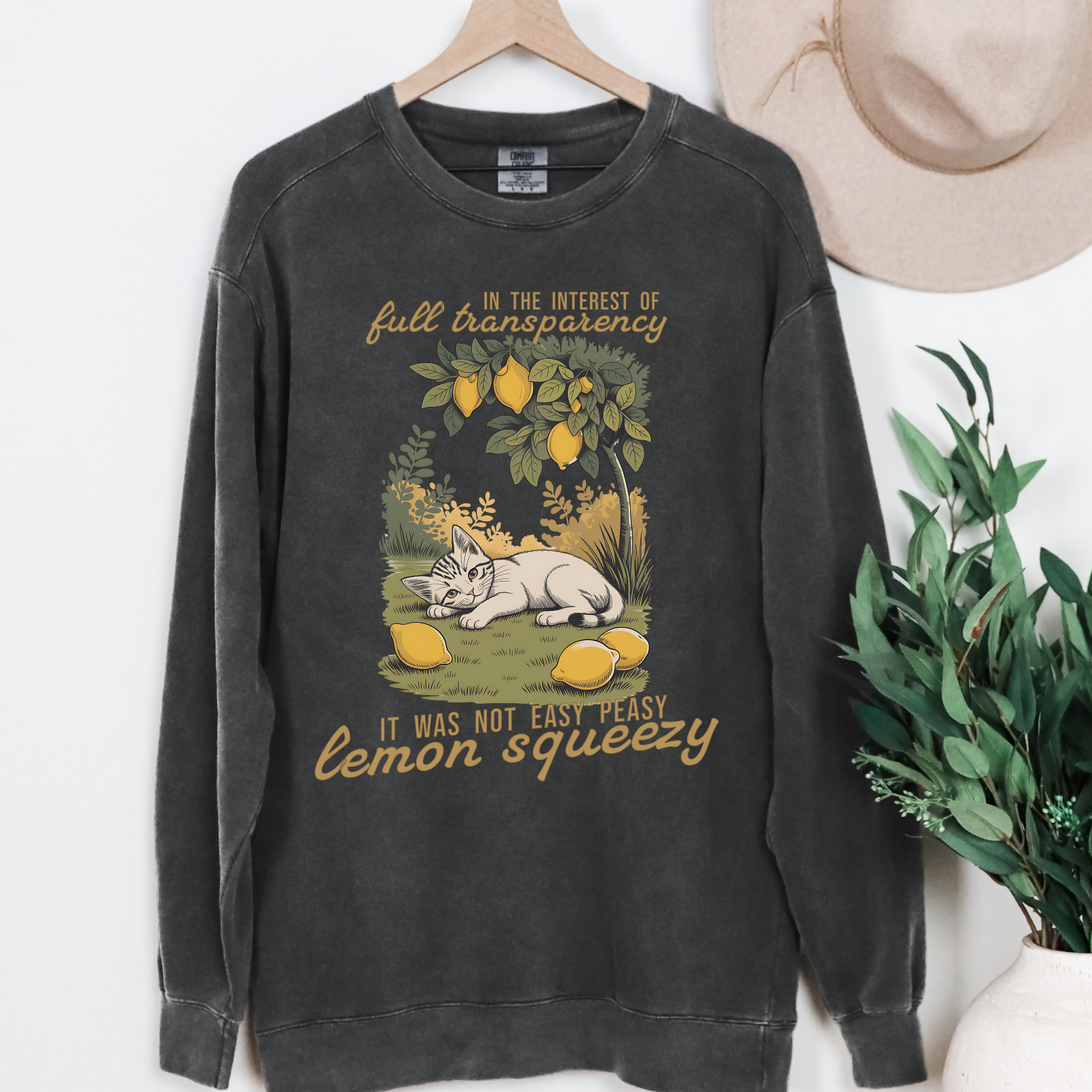 Vintage Lemon Squeezy Cat Graphic Comfort Colors Sweatshirt in Pepper-Sweatshirt-Pepper-Fetch N Found