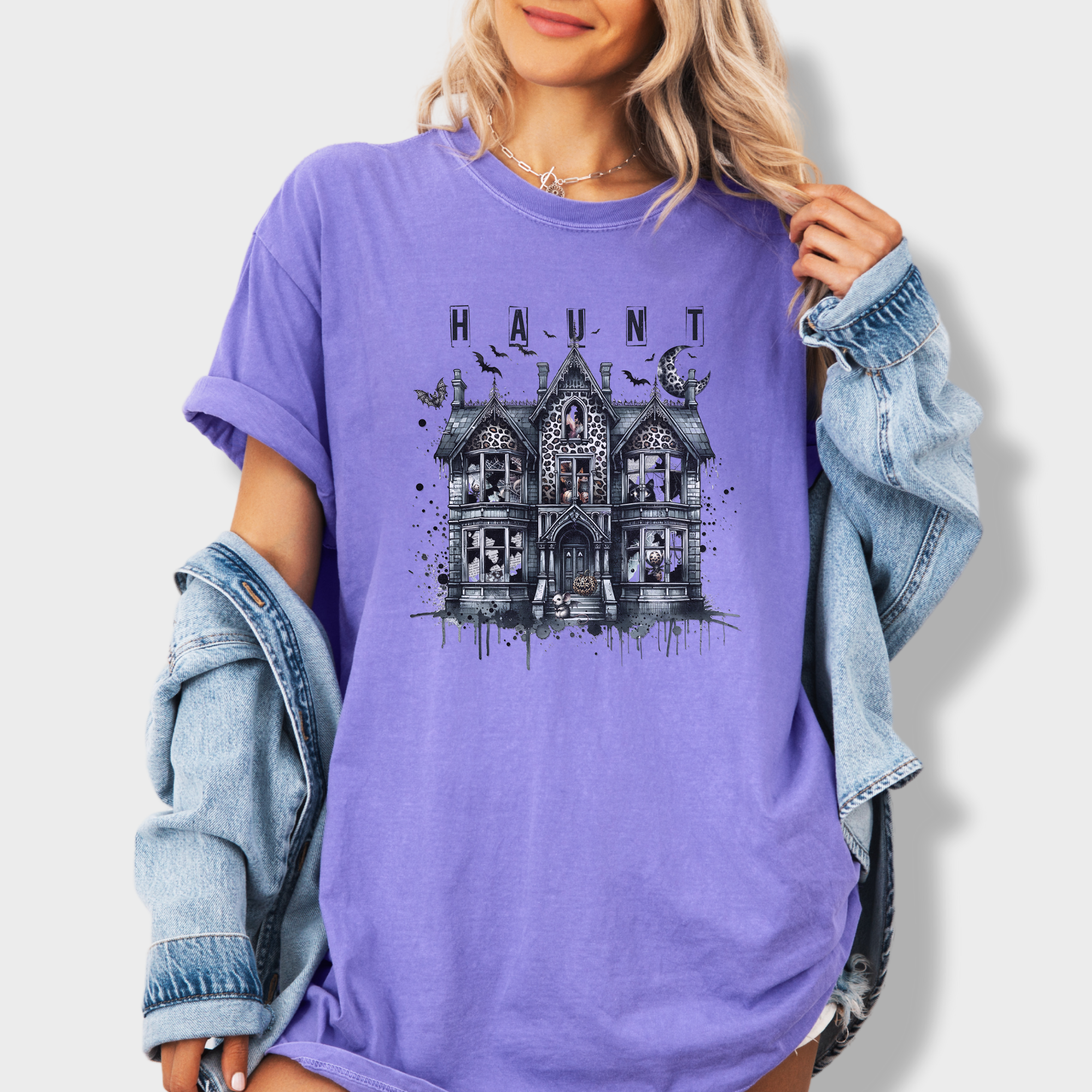 Retro HAUNT Leopard Print House Collage Cat Graphic Comfort Colors T-Shirt in Violet