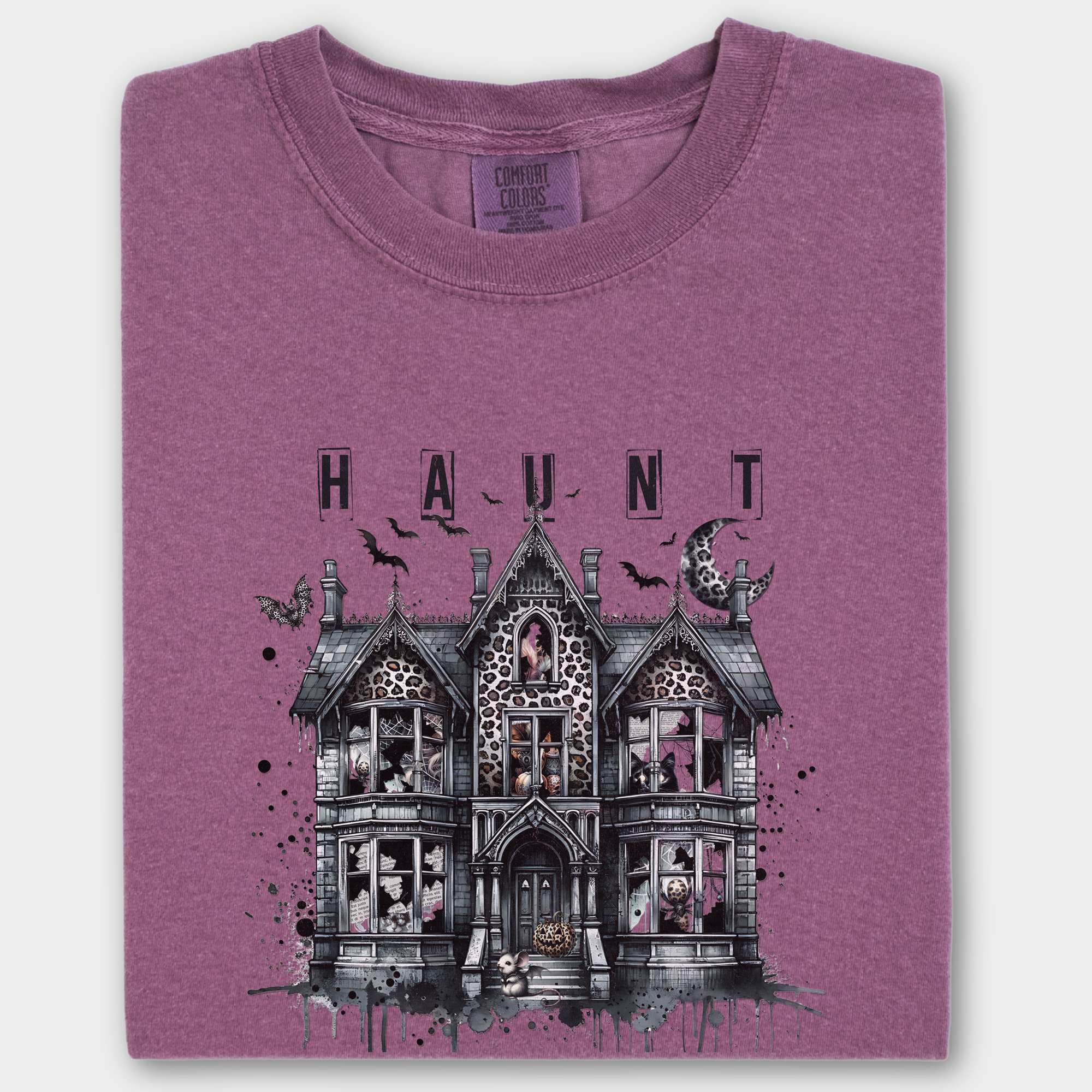 Retro HAUNT Leopard Print House Collage Cat Graphic Comfort Colors T-Shirt in Berry