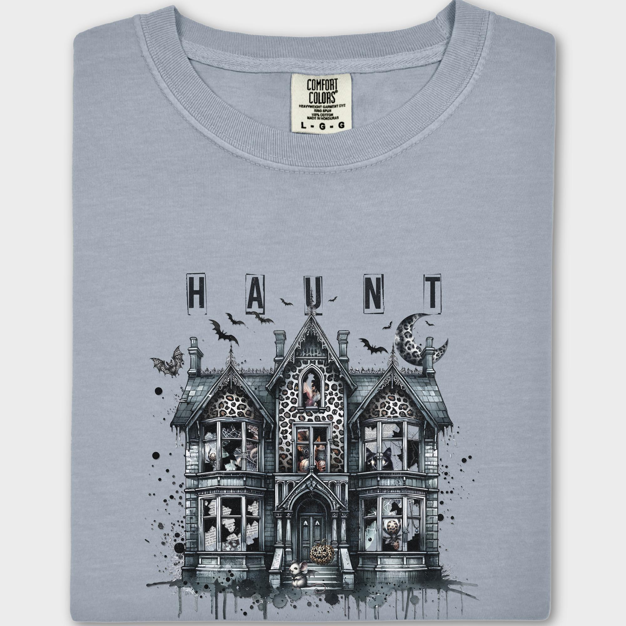 Retro HAUNT Leopard Print House Collage Cat Graphic Comfort Colors T-Shirt in Granite