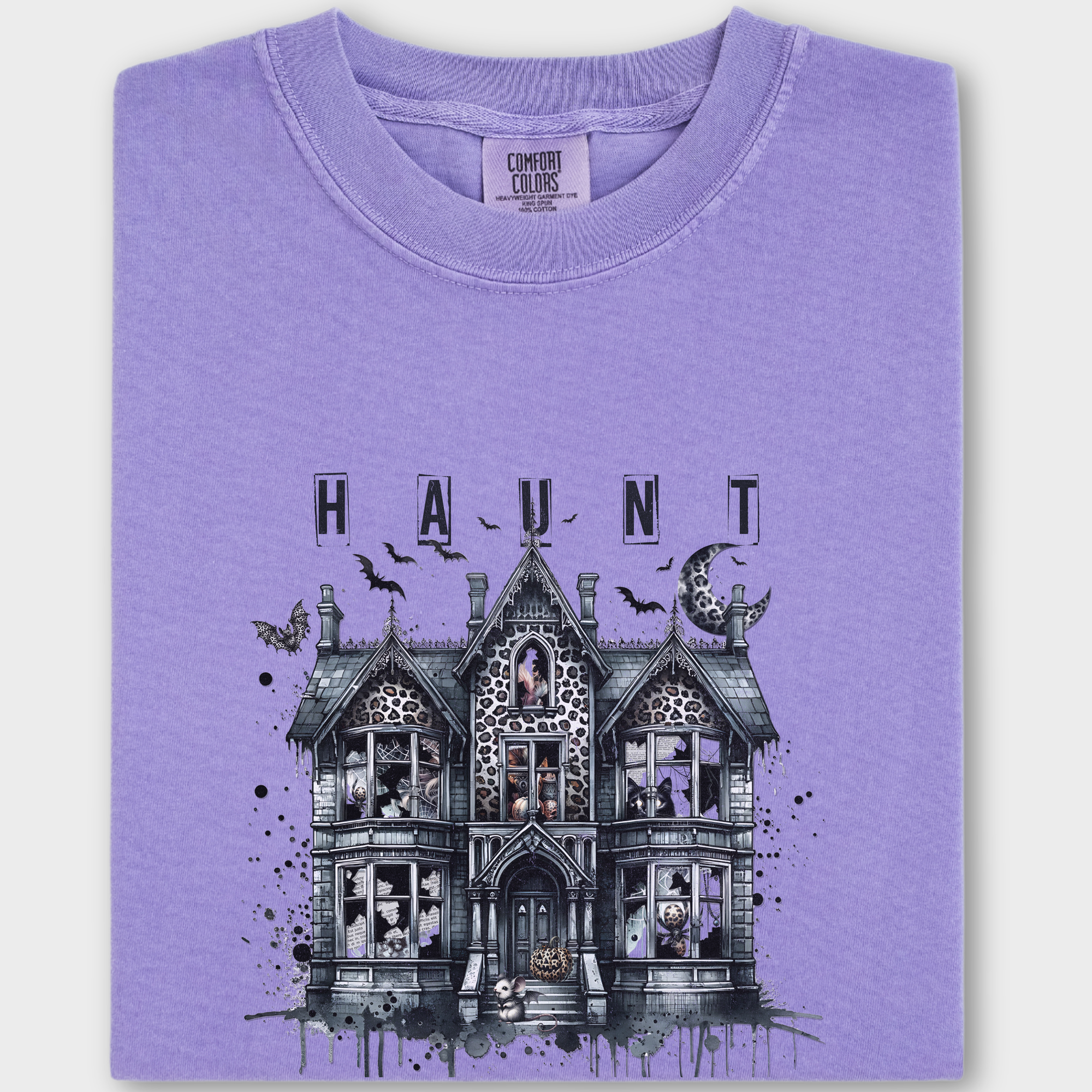 Retro HAUNT Leopard Print House Collage Cat Graphic Comfort Colors T-Shirt in Violet