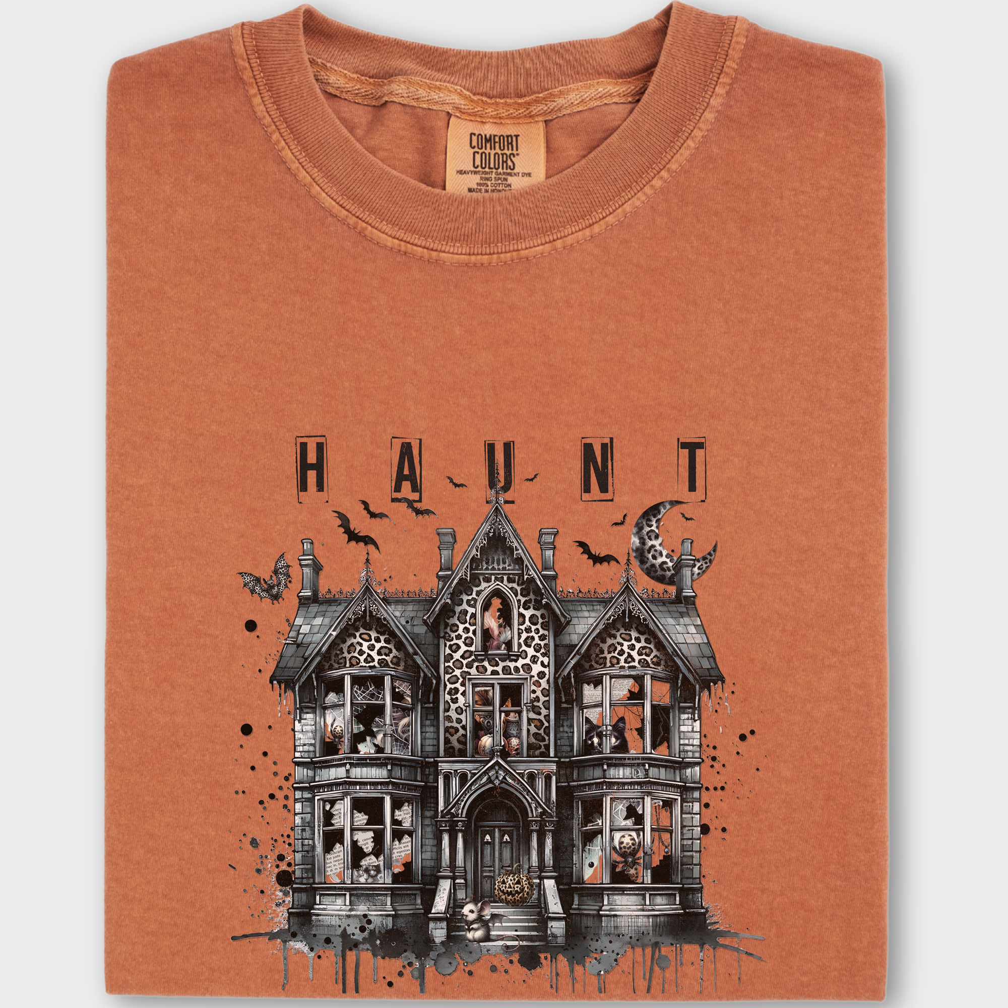 Retro HAUNT Leopard Print House Collage Cat Graphic Comfort Colors T-Shirt in Yam