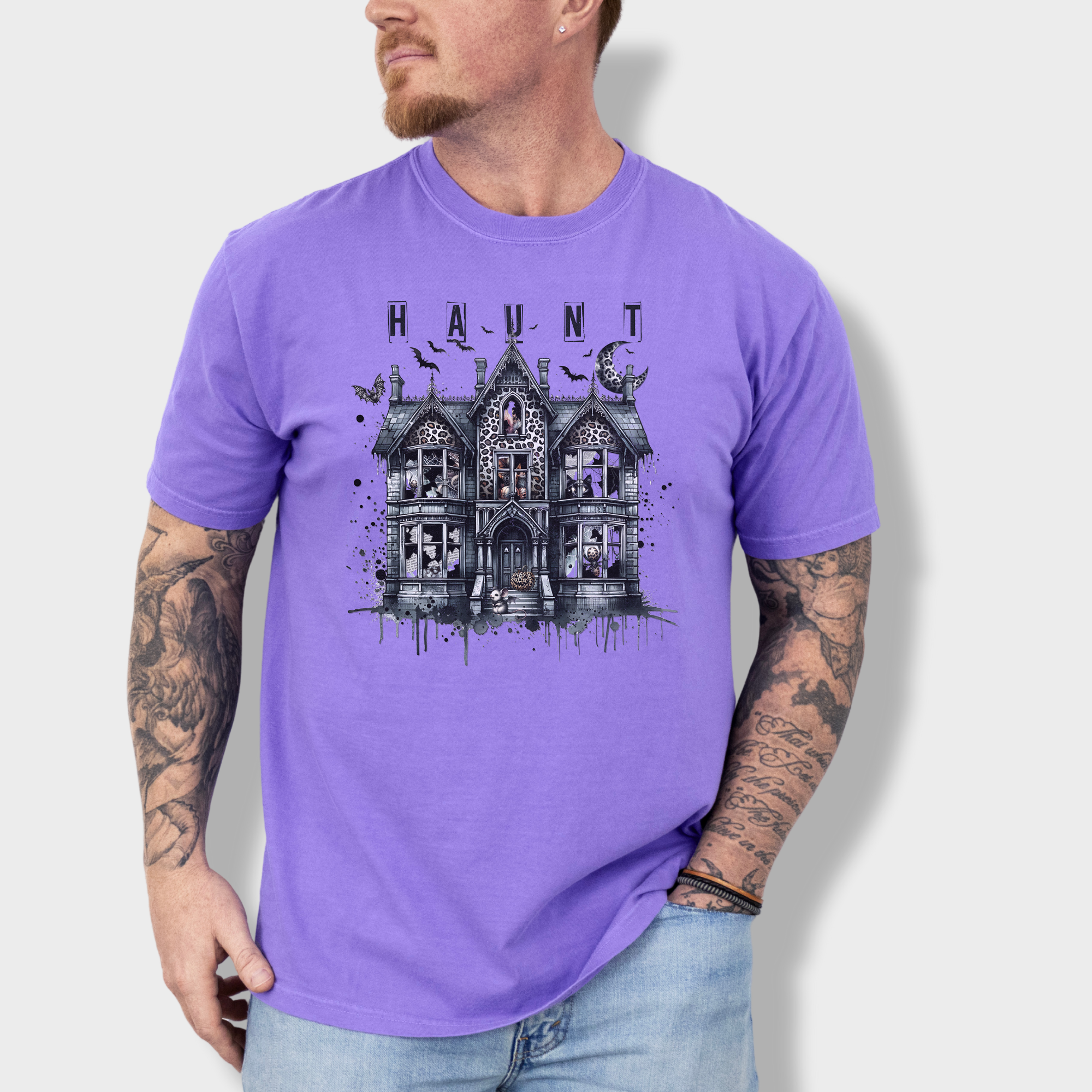 Retro HAUNT Leopard Print House Collage Cat Graphic Comfort Colors T-Shirt in Violet