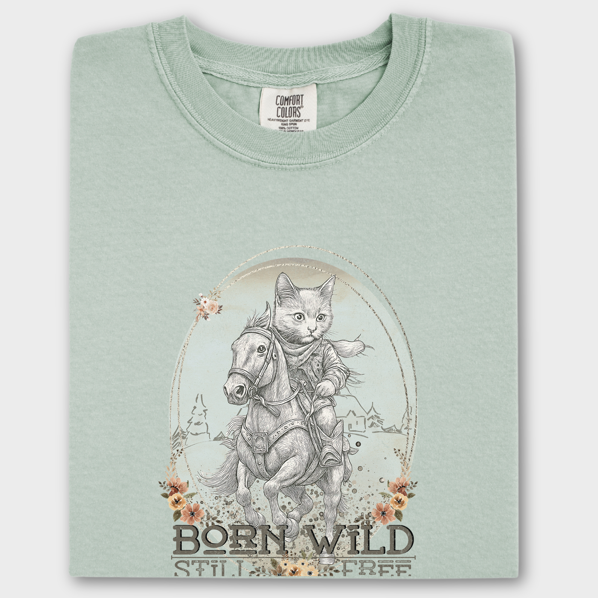 Western Born Wild Still Free Gritty Kitty Cowboy Cat Line Art Comfort Colors T-Shirt in Bay-T-Shirt-Bay-Fetch N Found