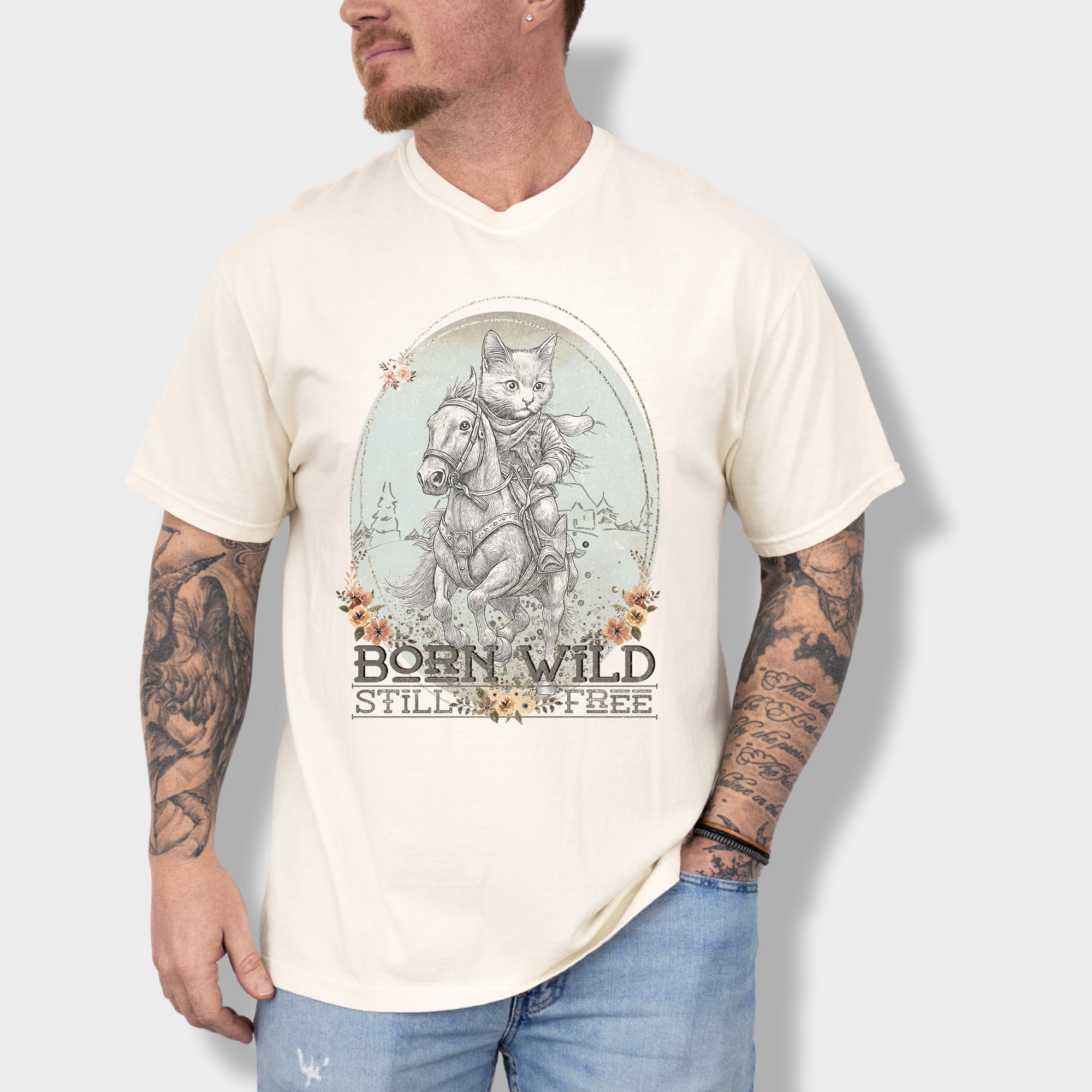 Western Born Wild Still Free Gritty Kitty Cowboy Dog Line Art Comfort Colors T-Shirt in Ivory-T-Shirt-Ivory-Fetch N Found