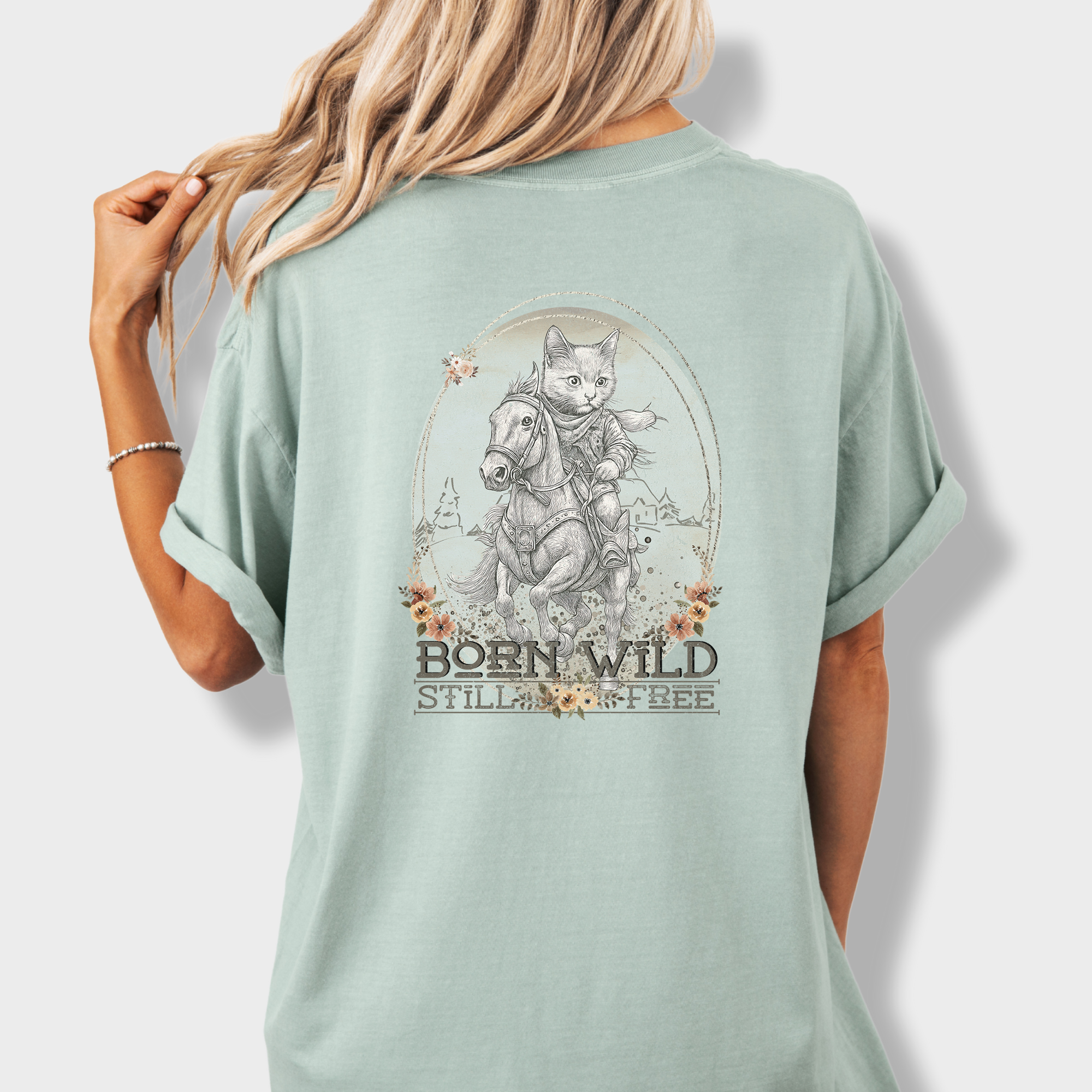 Western Born Wild Still Free Gritty Kitty Cowboy Cat Line Art Comfort Colors T-Shirt in Bay