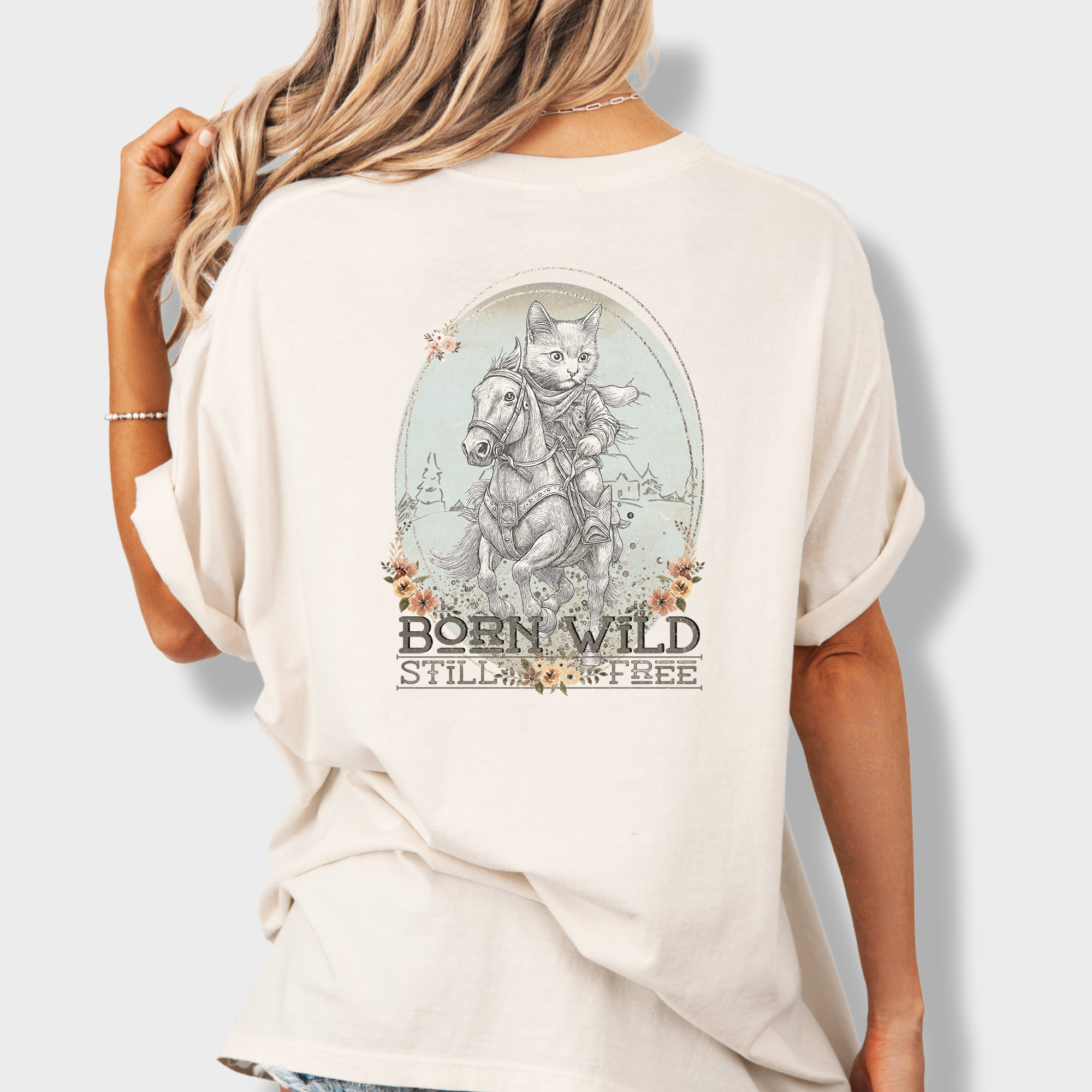Western Born Wild Still Free Gritty Kitty Cowboy Cat Line Art Comfort Colors T-Shirt in Ivory-T-Shirt-Ivory-Fetch N Found
