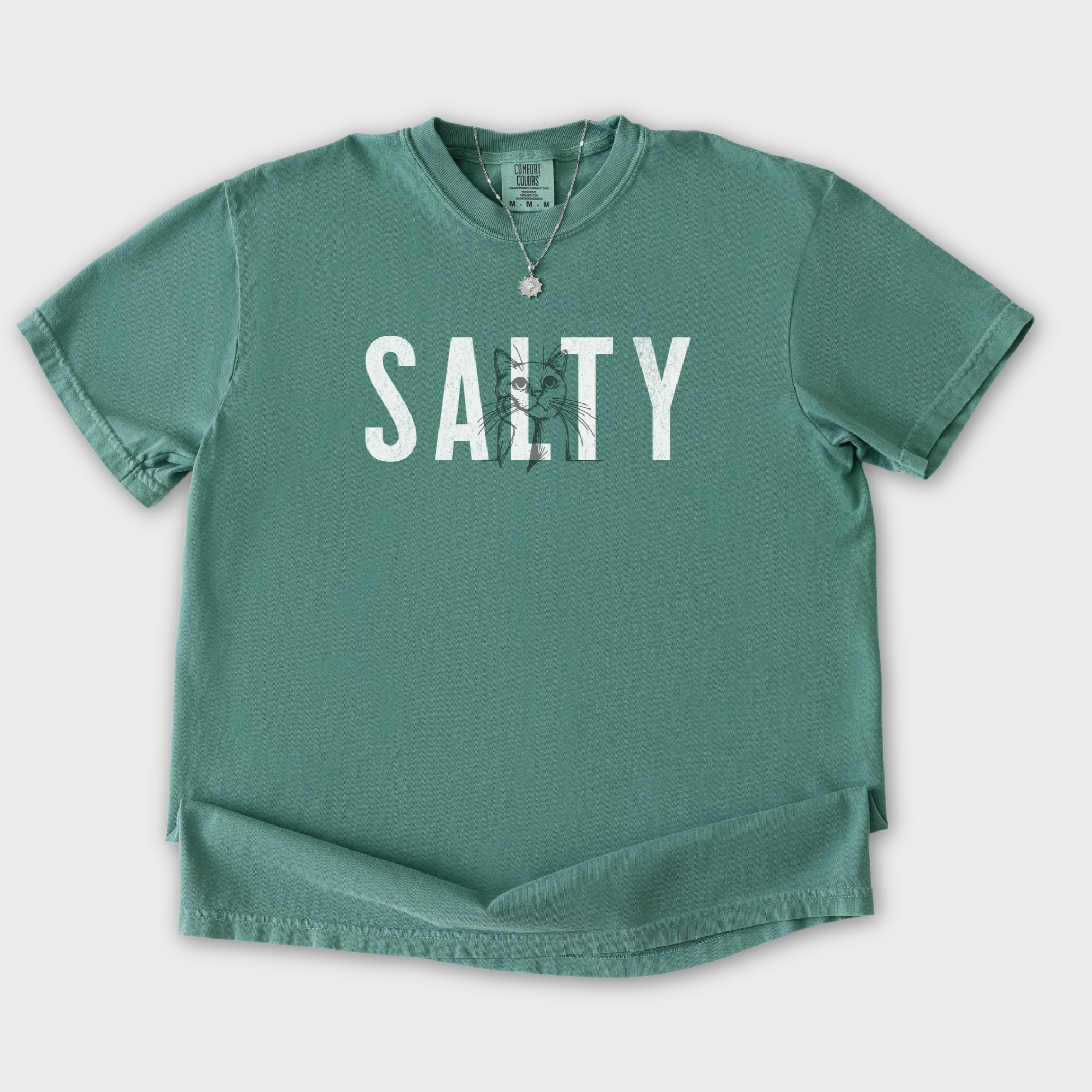 Retro Salty Cat Text Comfort Colors T-Shirt in Light Green