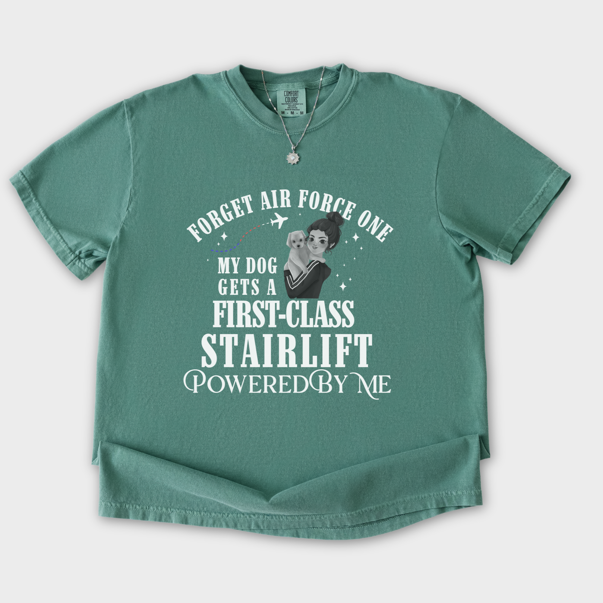 Minimalist Forget Air Force One First Class Dog Text Comfort Colors T-Shirt in Light Green