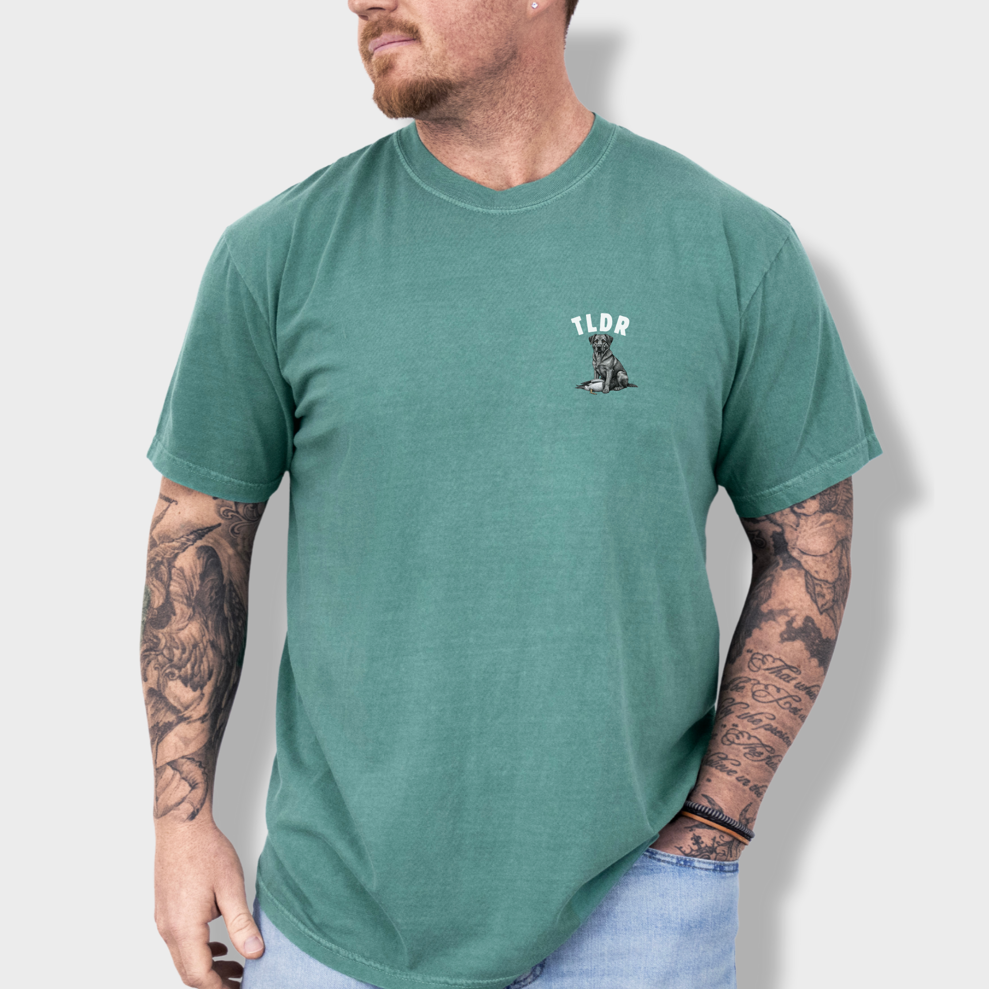 Line Art Too Long Didnt Read TLDR Dog Plus Duck Dog Graphic Comfort Colors T-Shirt in Light Green-T-Shirt-Fetch N Found