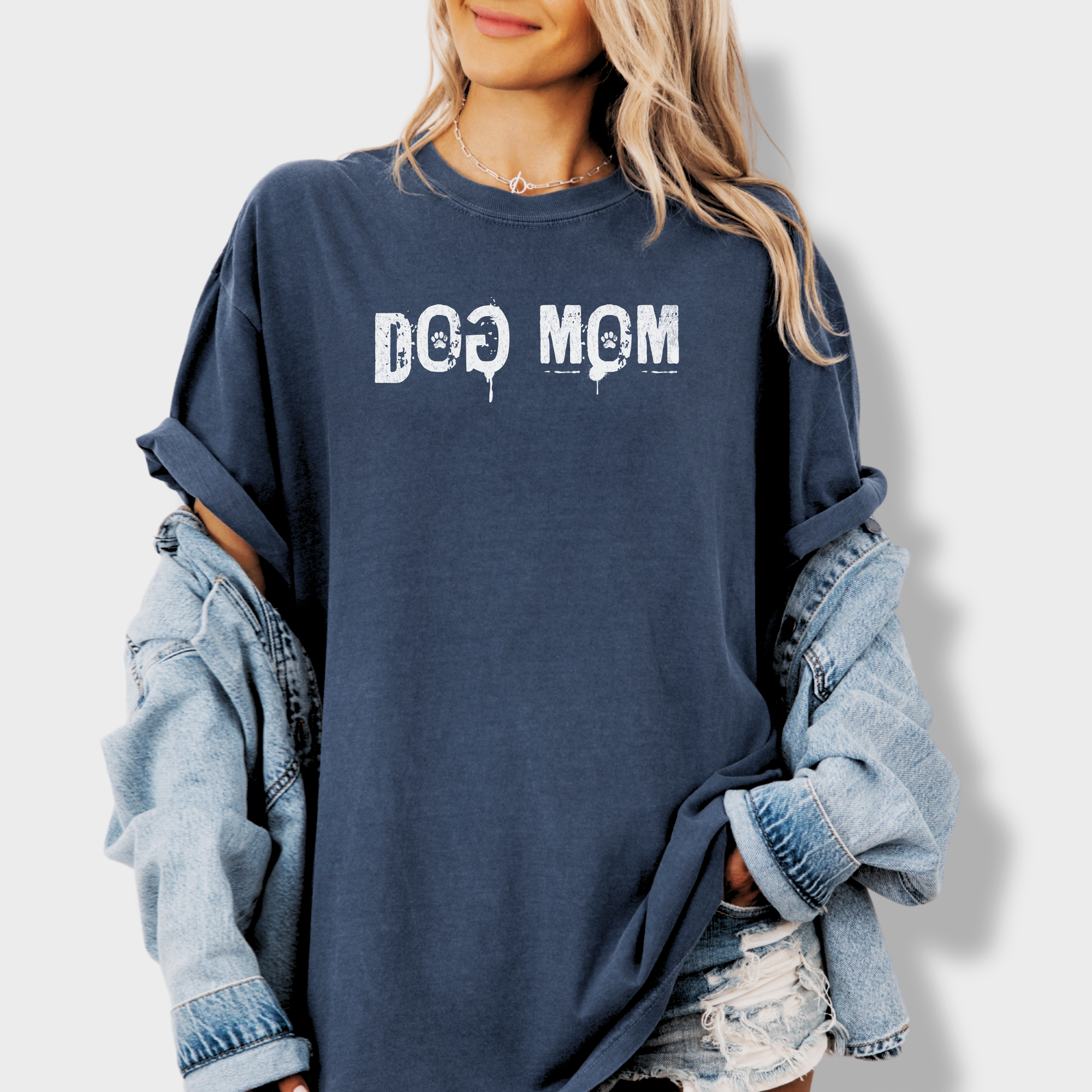 Minimalist DOG MOM Messy Stamp with Paint Splatter Dog Text Comfort Colors T-Shirt in Denim-T-Shirt-Denim-Fetch N Found