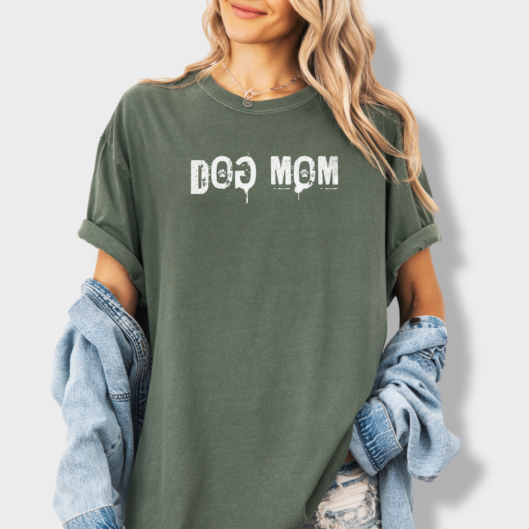 Minimalist DOG MOM Messy Stamp with Paint Splatter Dog Text Comfort Colors T-Shirt in Moss-T-Shirt-Moss-Fetch N Found