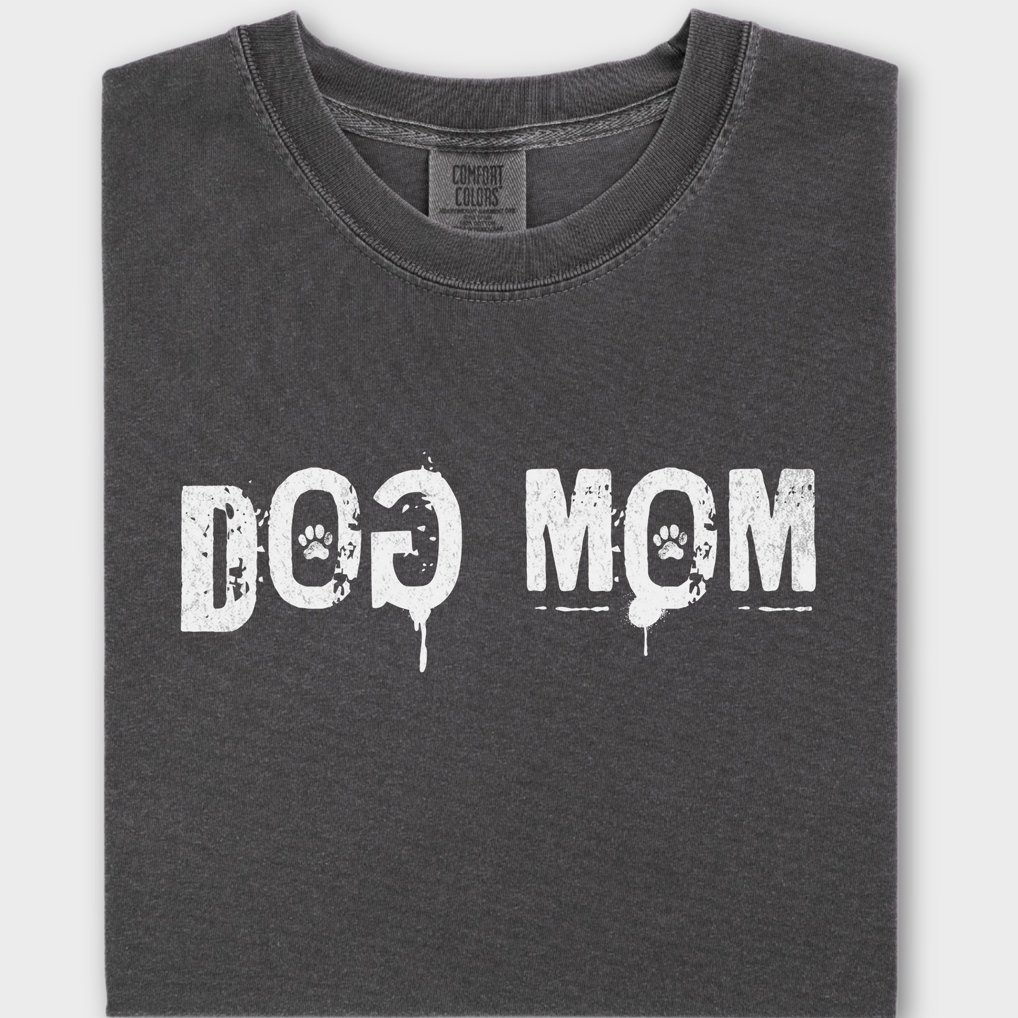 Minimalist DOG MOM Messy Stamp with Paint Splatter Dog Text Comfort Colors T-Shirt in Pepper-T-Shirt-Pepper-Fetch N Found