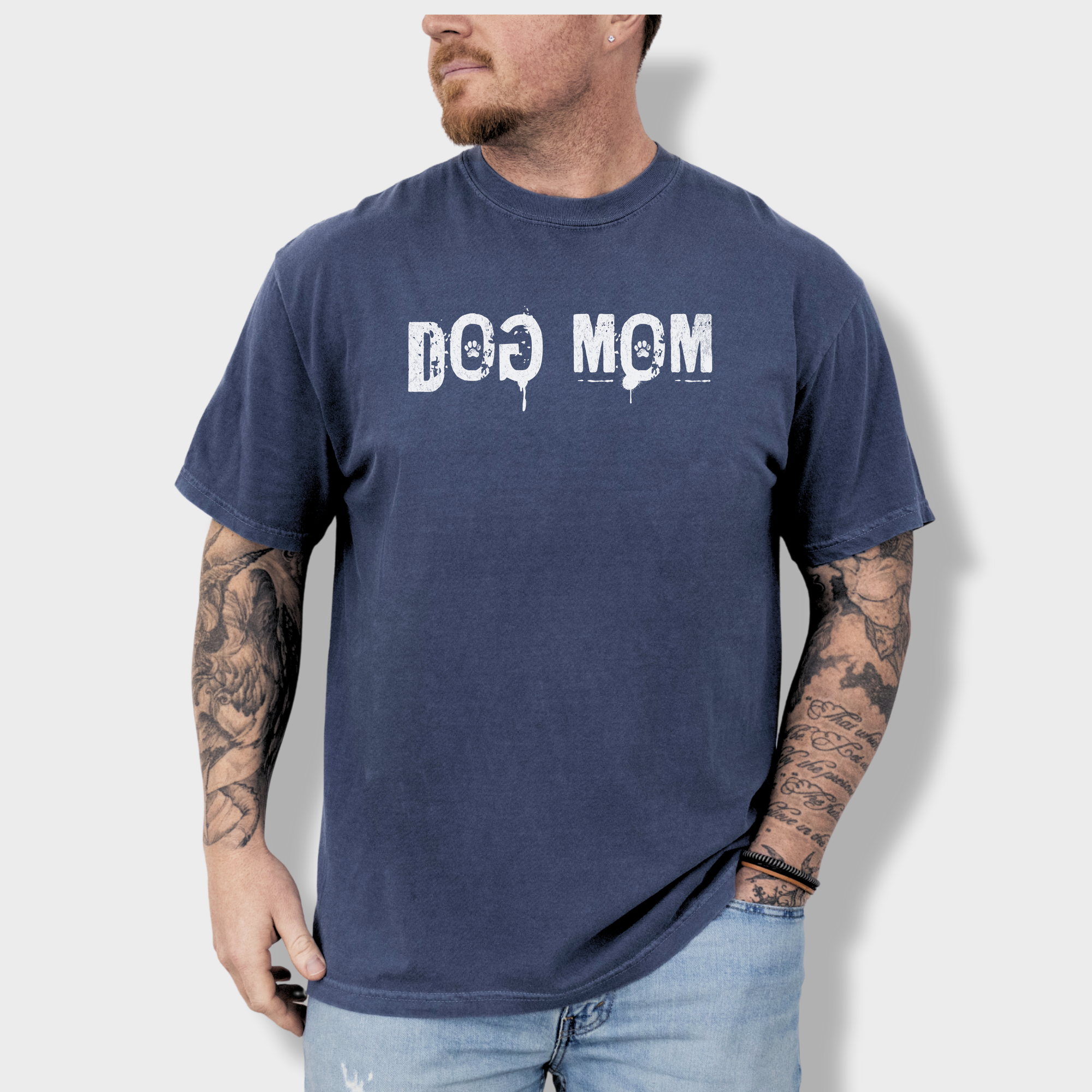 Minimalist DOG MOM Messy Stamp with Paint Splatter Dog Text Comfort Colors T-Shirt in Denim-T-Shirt-Denim-Fetch N Found