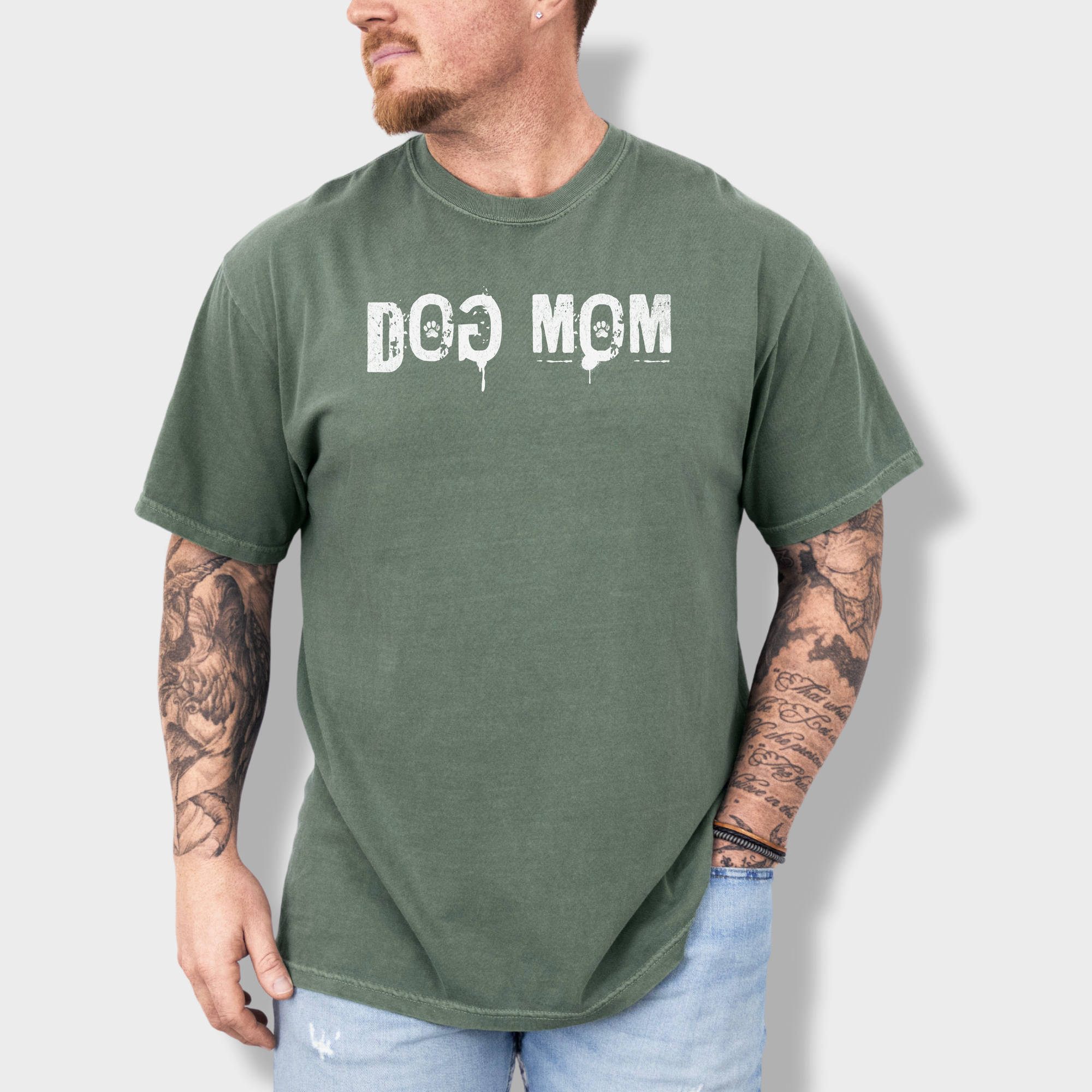 Minimalist DOG MOM Messy Stamp with Paint Splatter Dog Text Comfort Colors T-Shirt in Moss-T-Shirt-Moss-Fetch N Found