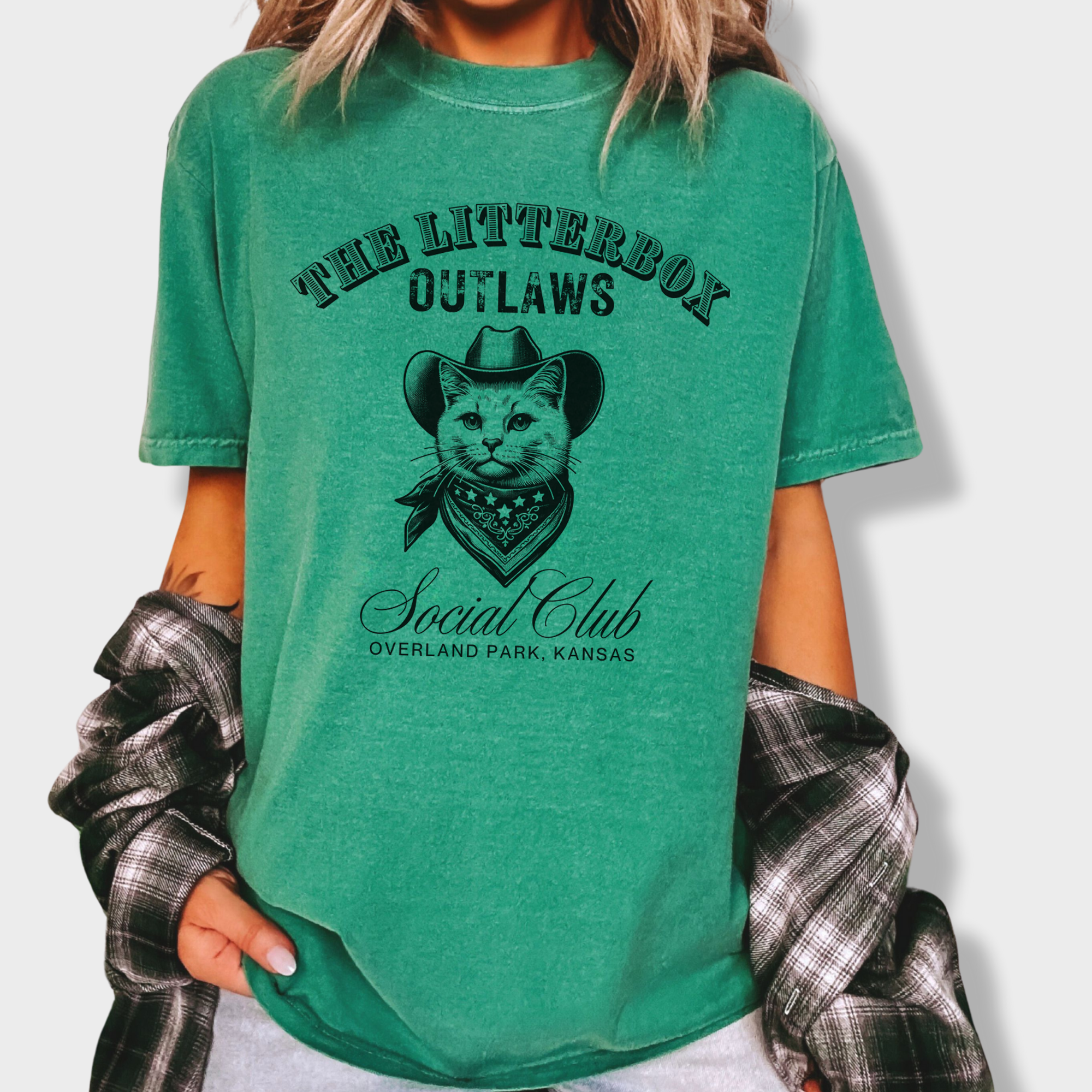 Western-style cat T-shirt featuring a line-art cat in a cowboy hat with 'Litterbox Outlaws Social Club' text, customizable with city and state.