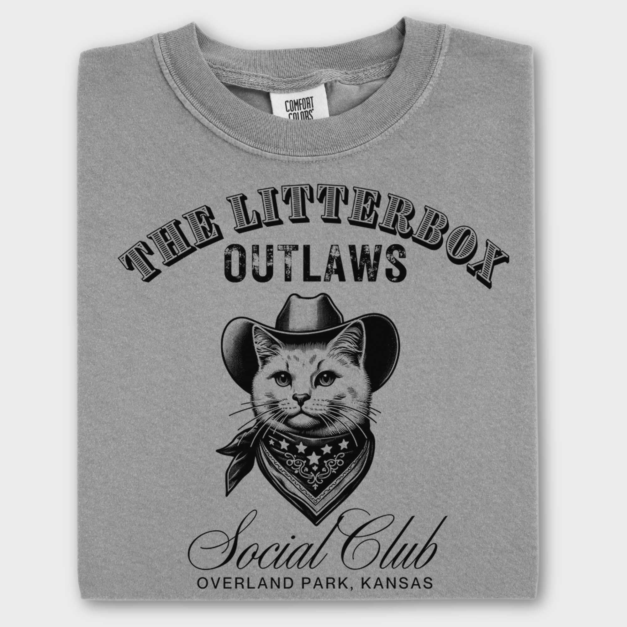 Personlizable Retro Western Cute Litterbox Social Club Cat Line Art T-Shirt in Gray-Fetch N Found