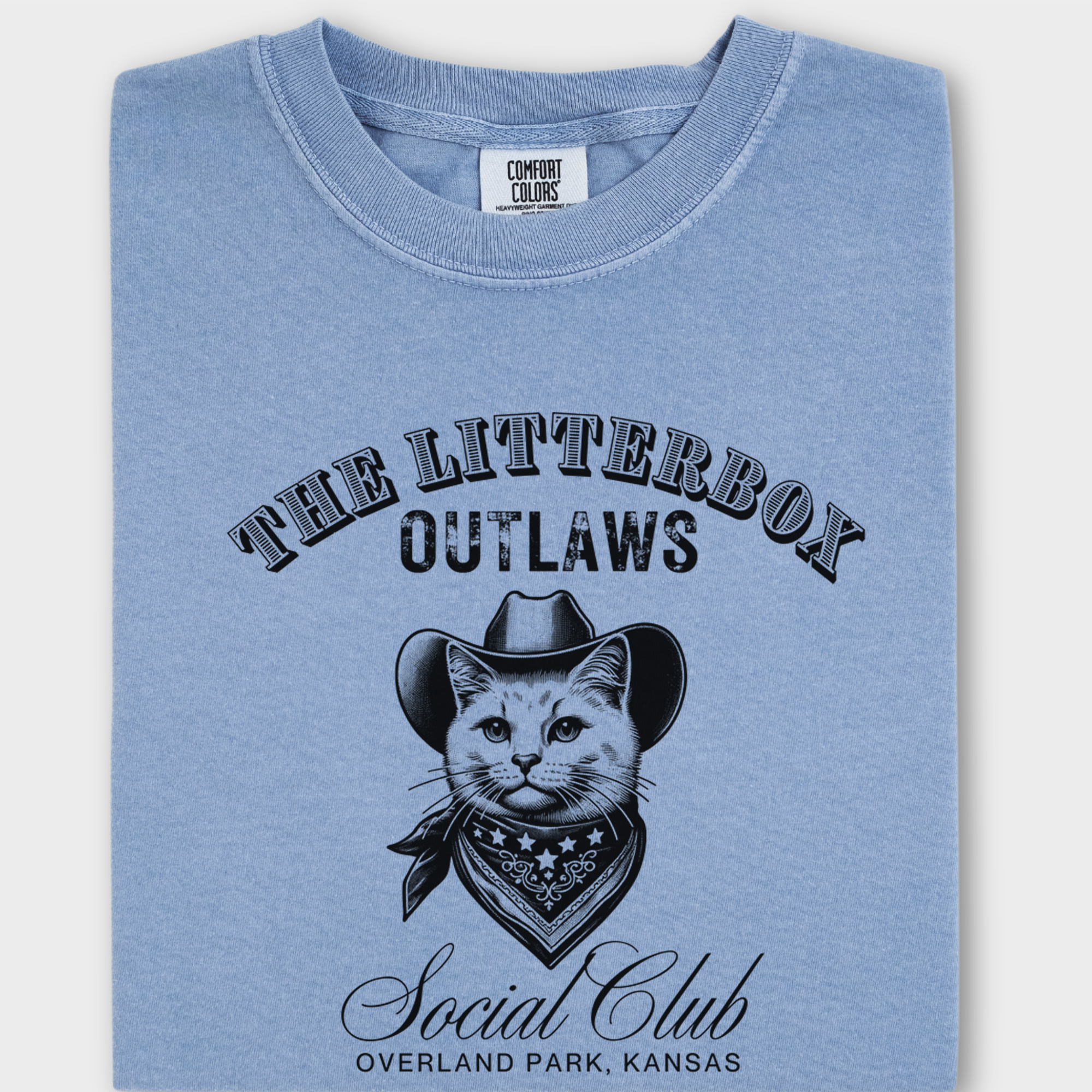 Personlizable Retro Western Cute Litterbox Social Club Cat Line Art T-Shirt in Washed Denim-Fetch N Found