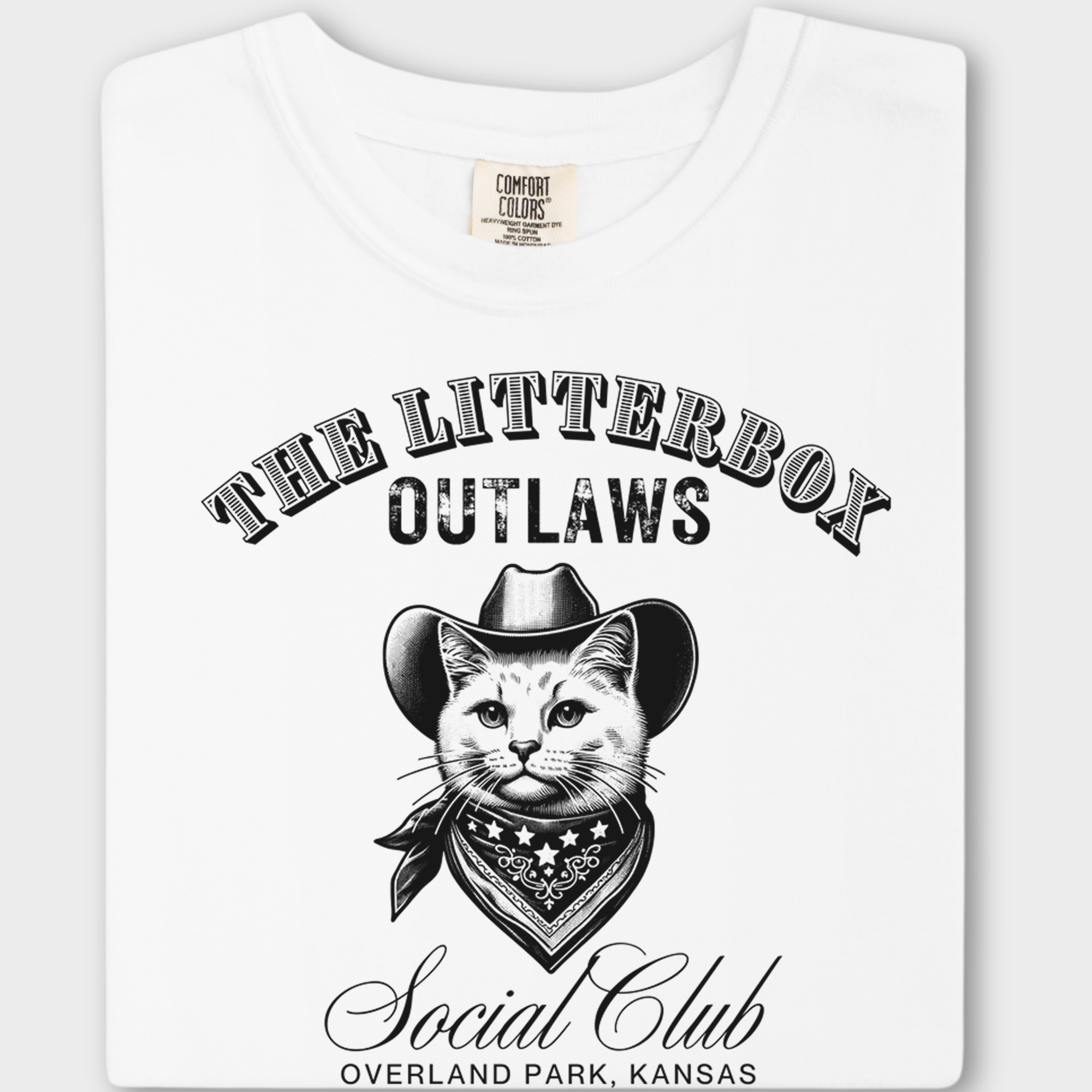 Personlizable Retro Western Cute Litterbox Social Club Cat Line Art T-Shirt in White-Fetch N Found