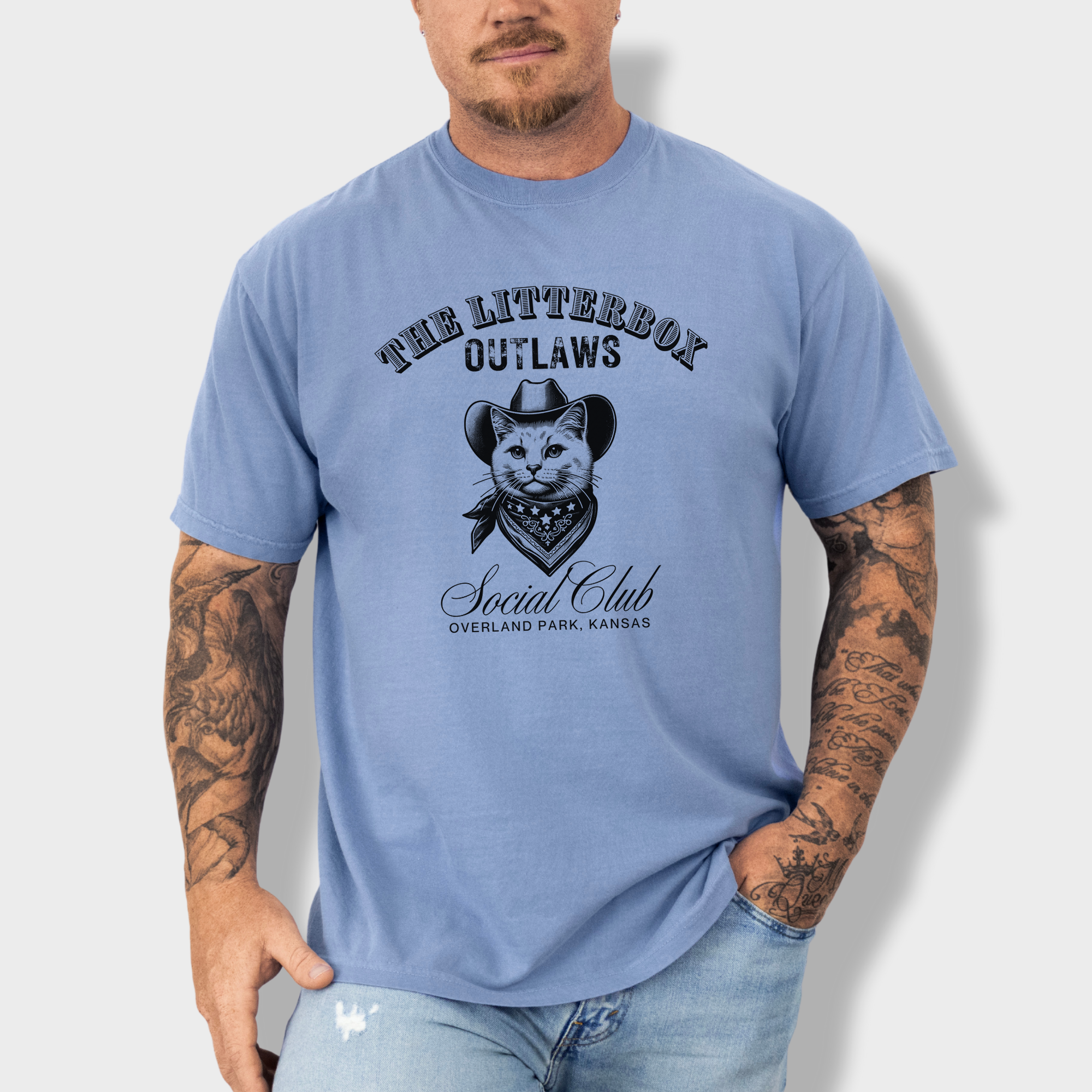 Retro cowboy cat T-shirt for cat lovers, featuring a stylish feline outlaw with a custom city and state design