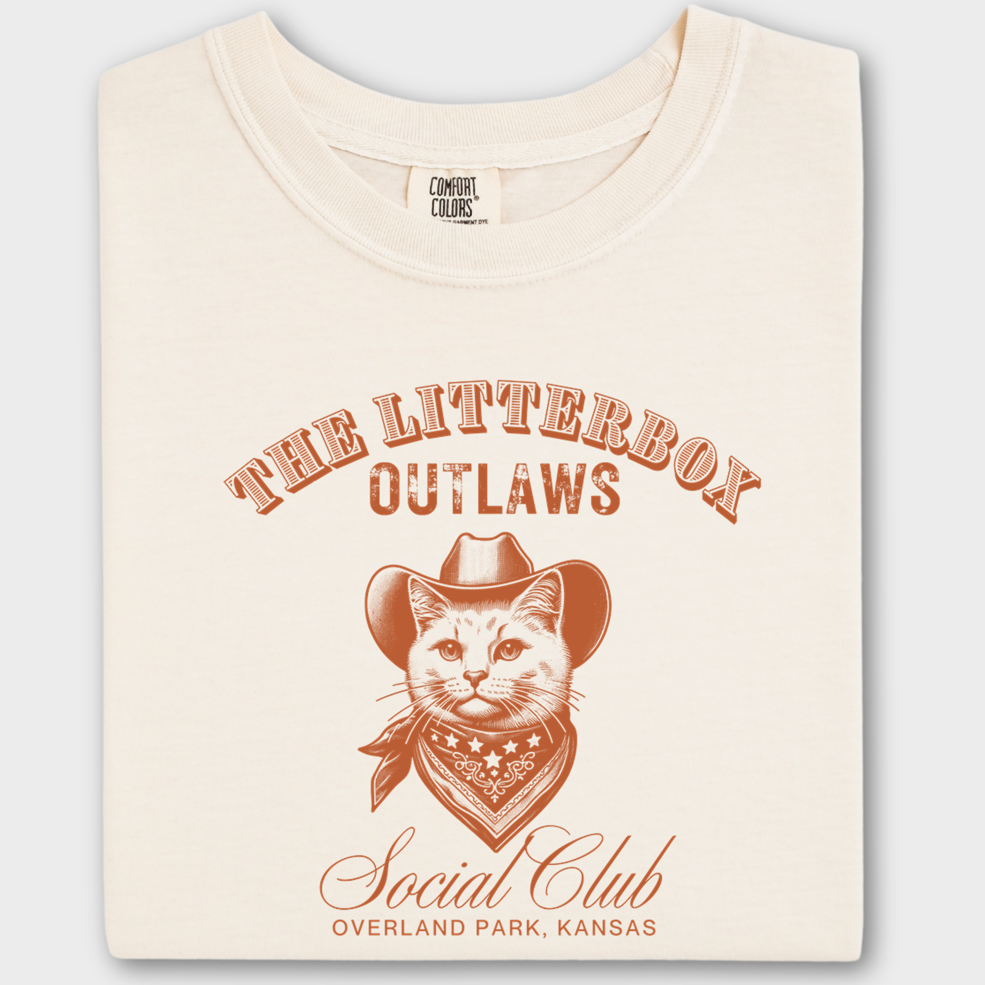 Personlizable Retro Western Cute Litterbox Social Club Cat Line Art T-Shirt in Ivory-Fetch N Found