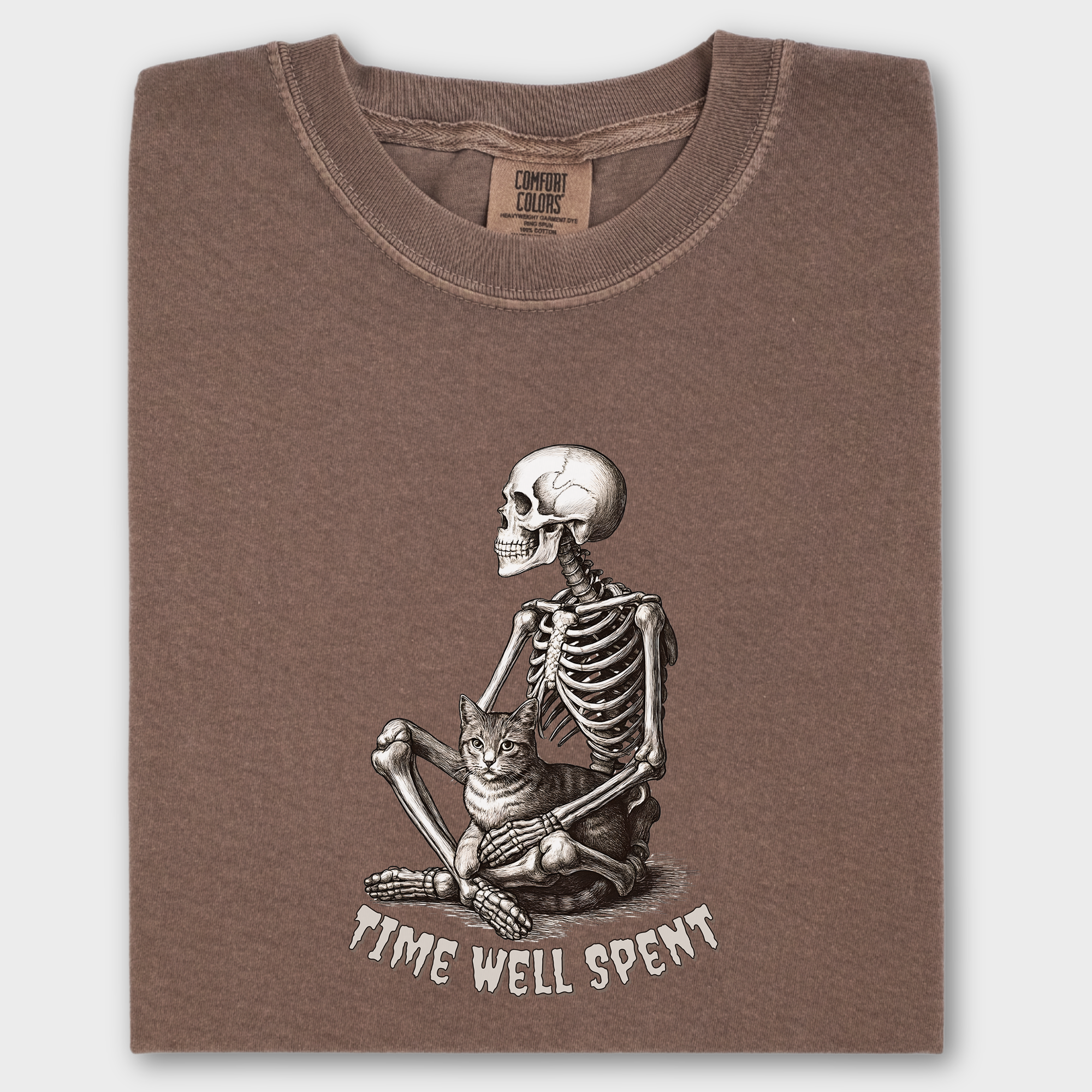 Line Art Sit Still Skeleton Petting Cat Cat Skeleton Comfort Colors T-Shirt in Espresso-T-Shirt-Espresso-Fetch N Found