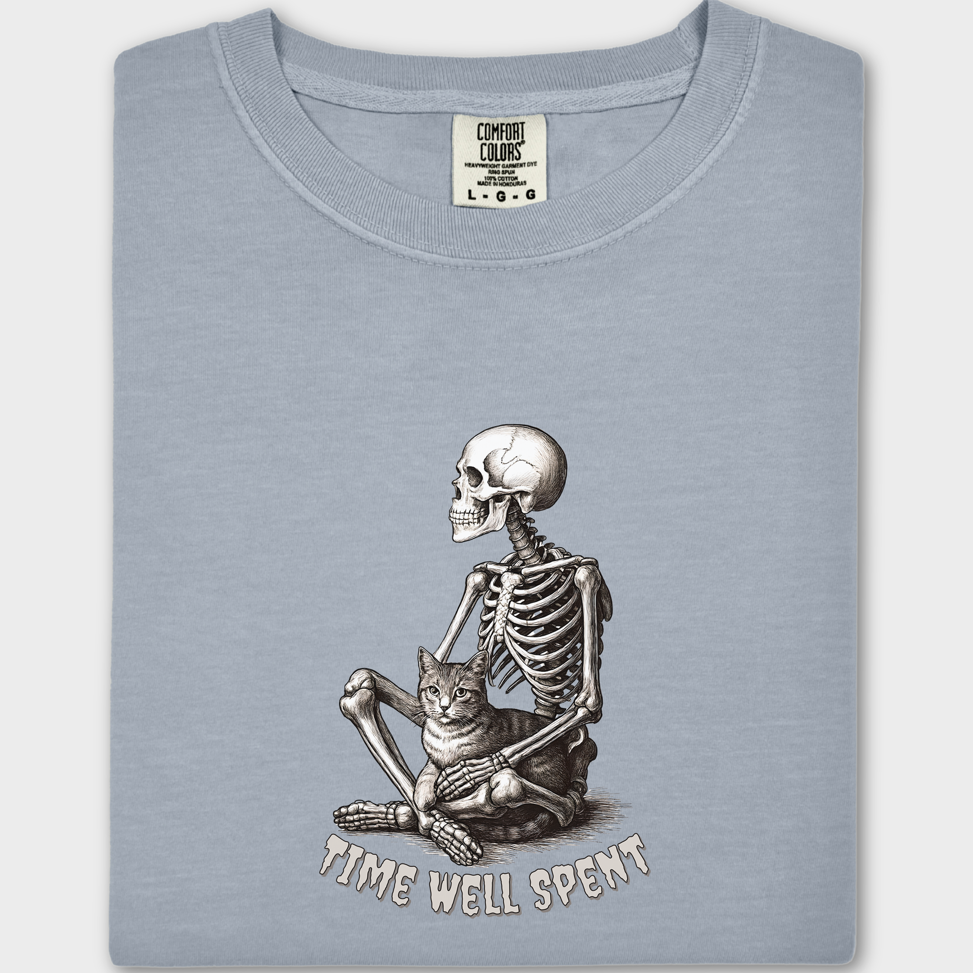 Line Art Sit Still Skeleton Petting Cat Cat Skeleton Comfort Colors T-Shirt in Granite-T-Shirt-Granite-Fetch N Found