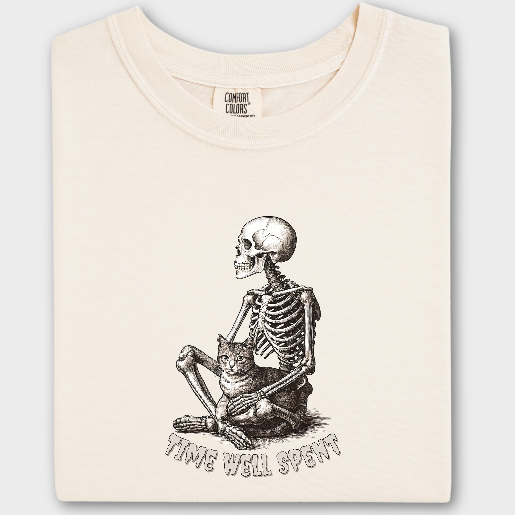 Line Art Sit Still Skeleton Petting Cat Cat Skeleton Comfort Colors T-Shirt in Ivory-T-Shirt-Ivory-Fetch N Found