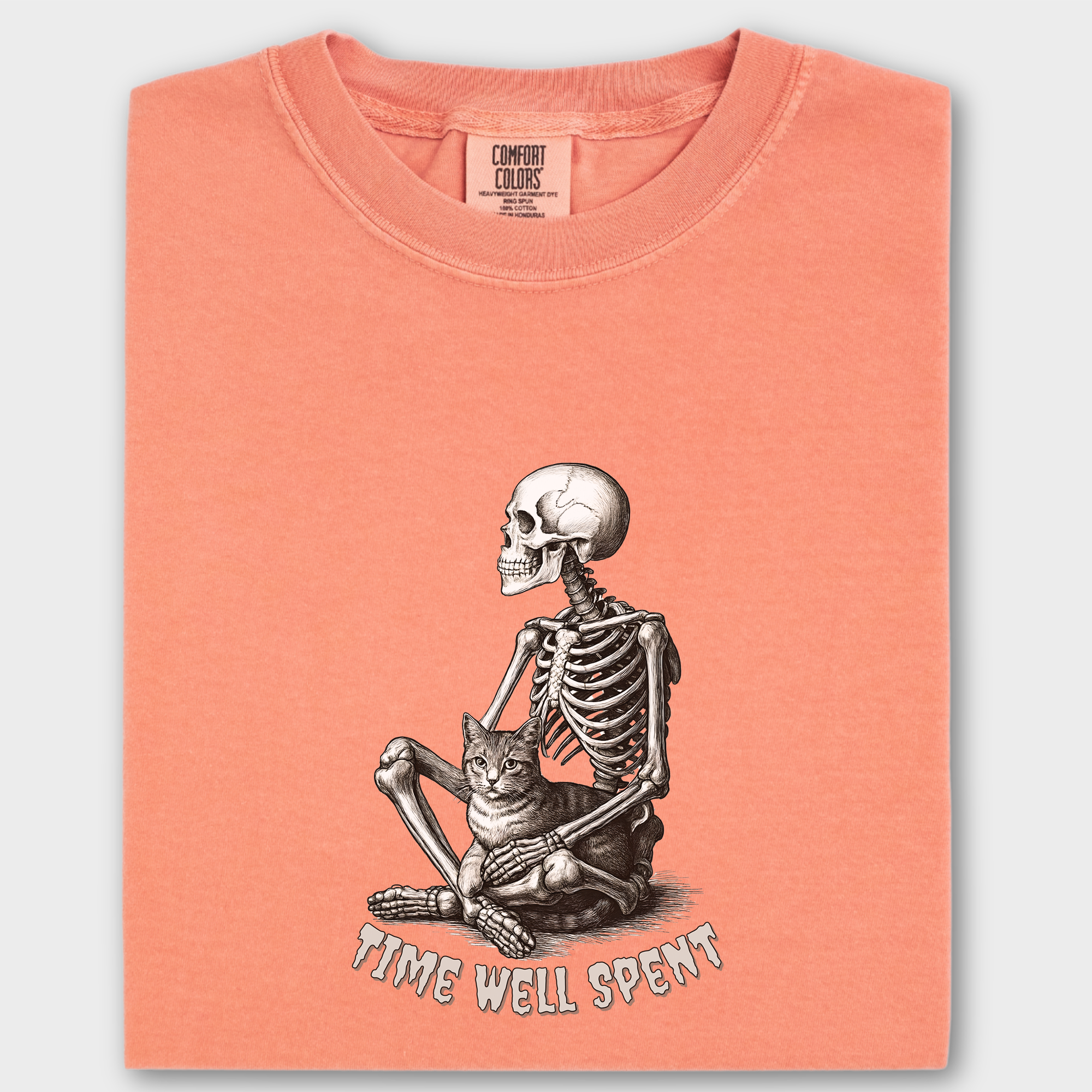 Line Art Sit Still Skeleton Petting Cat Cat Skeleton Comfort Colors T-Shirt in Terracotta-T-Shirt-Terracotta-Fetch N Found