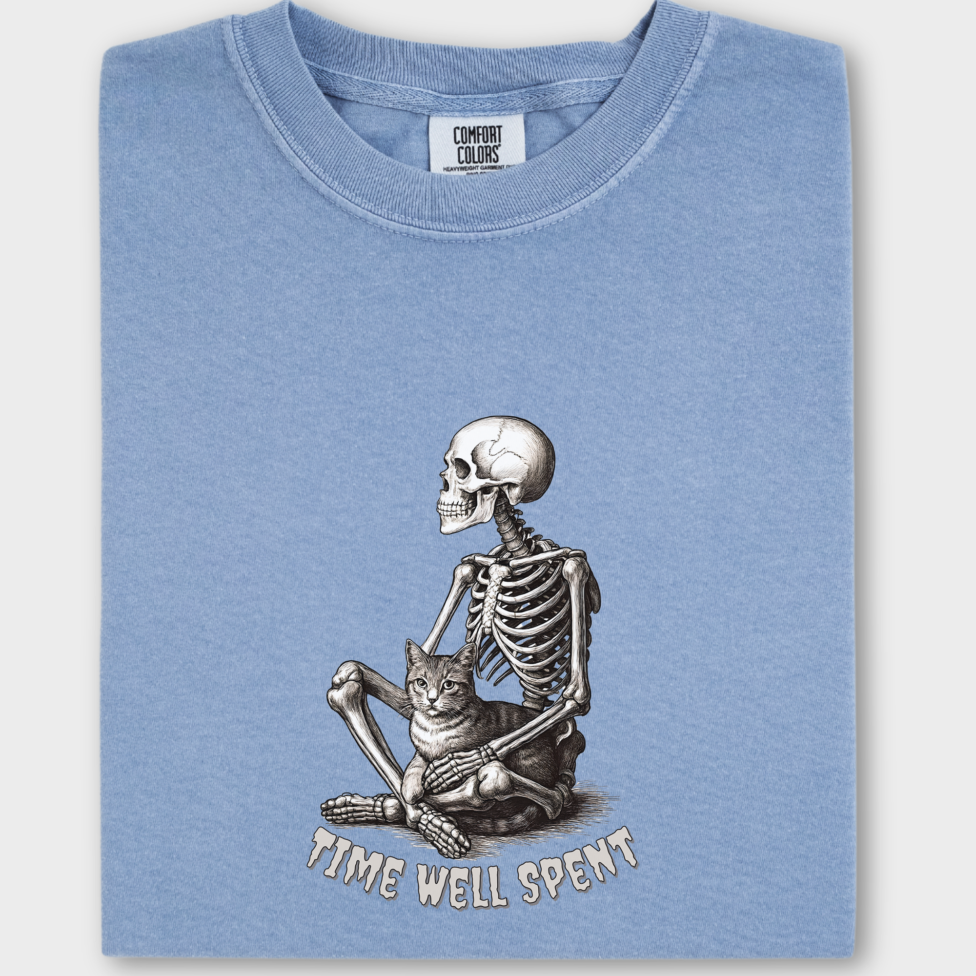 Line Art Sit Still Skeleton Petting Cat Cat Skeleton Comfort Colors T-Shirt in Washed Denim-T-Shirt-Washed Denim-Fetch N Found