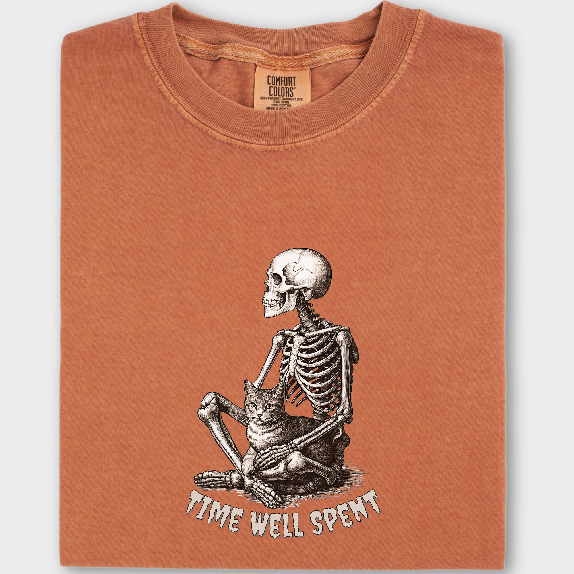 Line Art Sit Still Skeleton Petting Cat Cat Skeleton Comfort Colors T-Shirt in Yam-T-Shirt-Yam-Fetch N Found