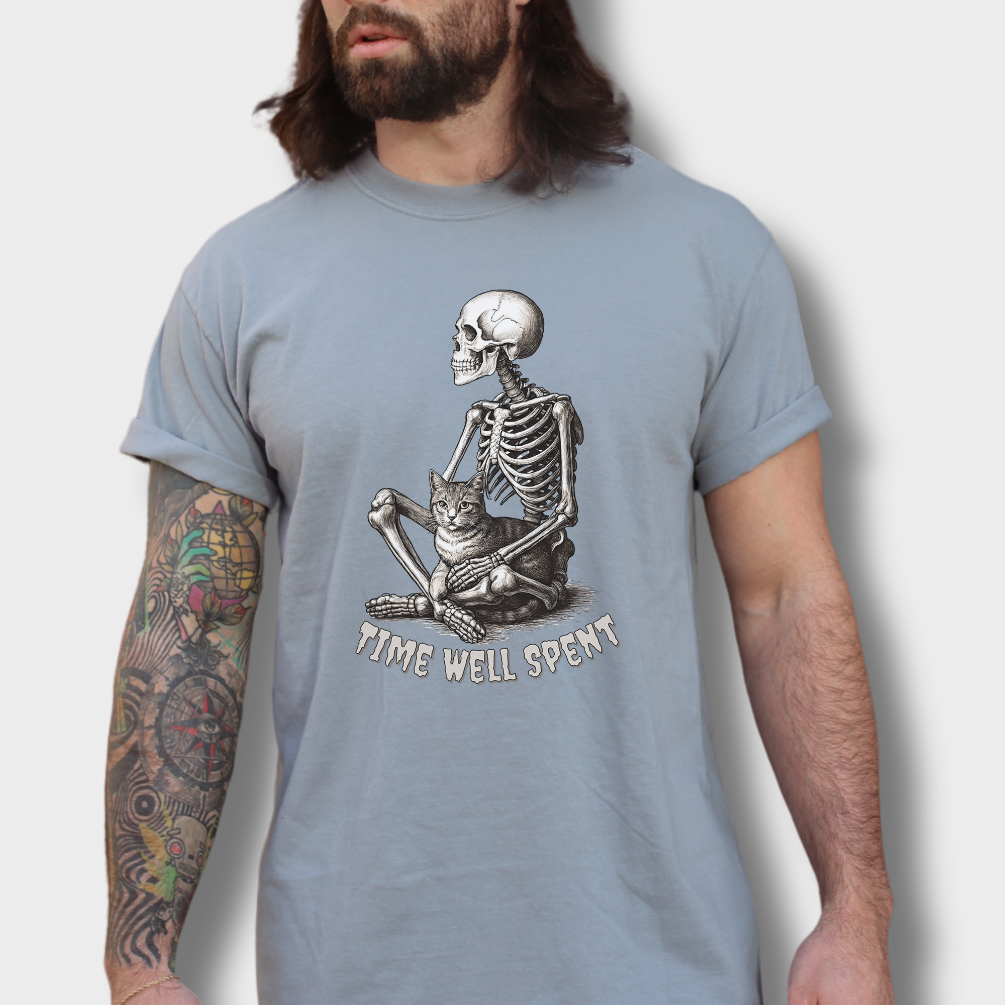 Line Art Sit Still Skeleton Petting Cat Cat Skeleton Comfort Colors T-Shirt in Granite-T-Shirt-Granite-Fetch N Found