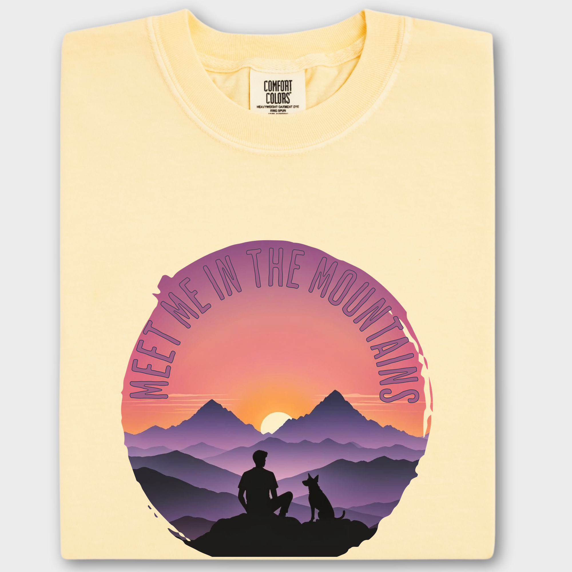 Retro Meet Me In The Mountains Dog Graphic Comfort Colors T-Shirt in Butter-Fetch N Found